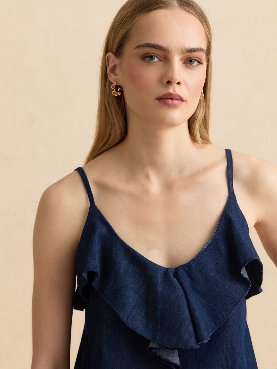Blue pure cotton top with ruffle_0