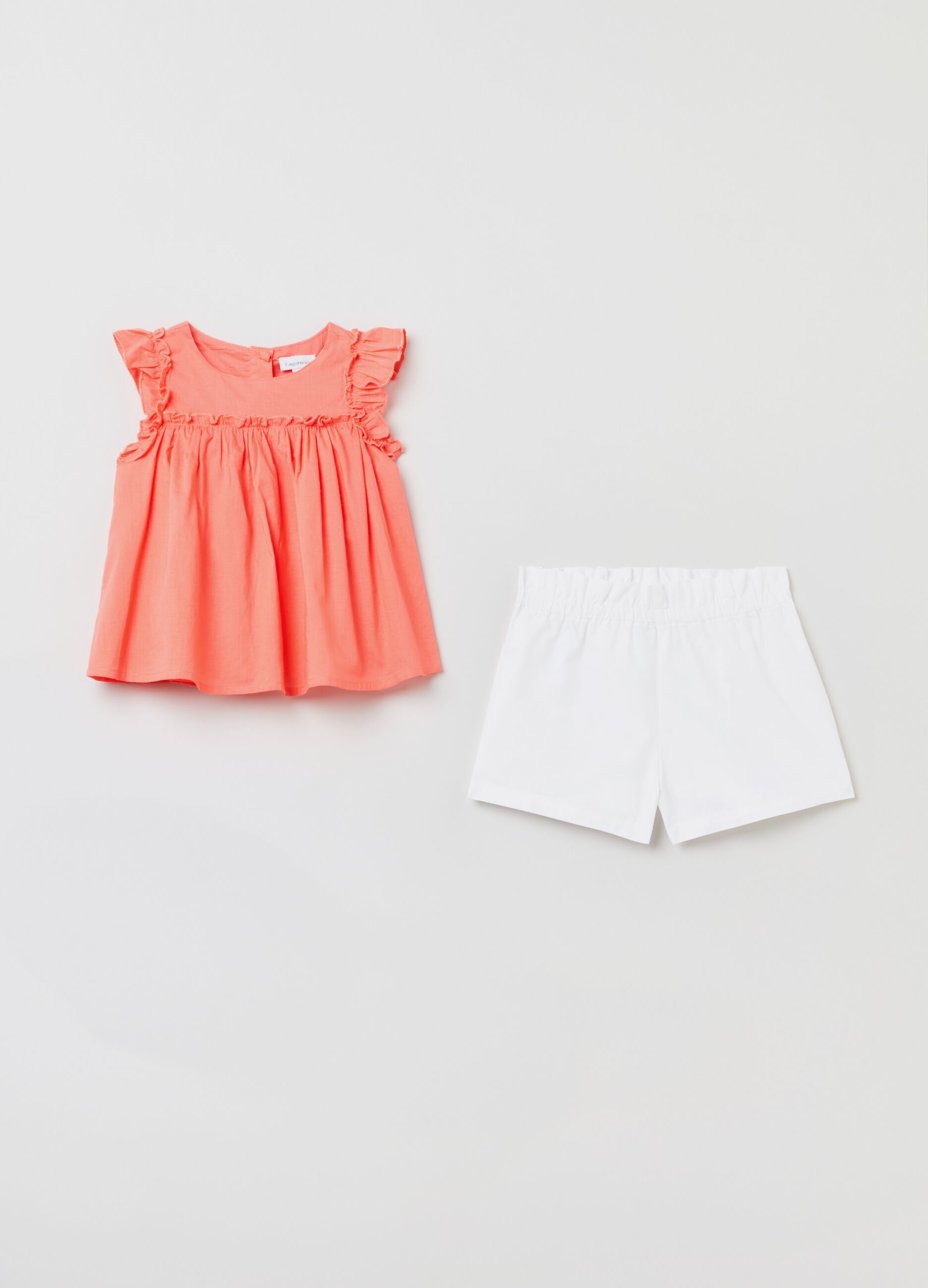 Cotton blouse with frills and shorts set