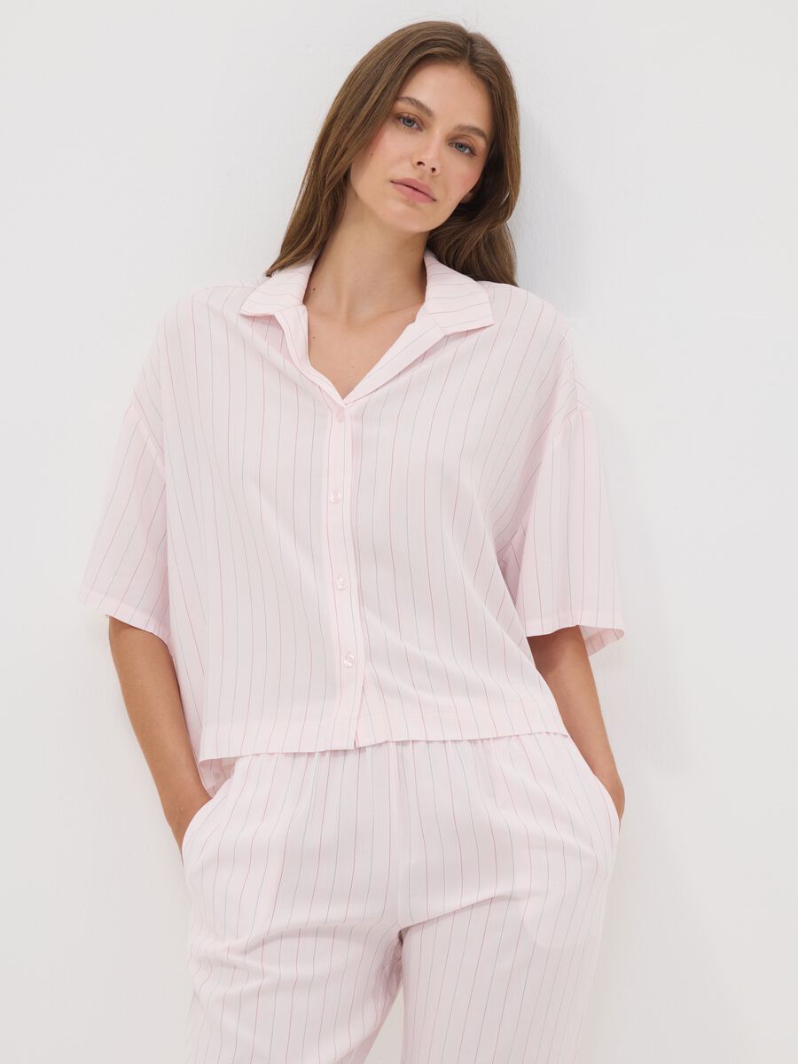 Pink pure viscose striped V-neck pyjamas, regular fit_1