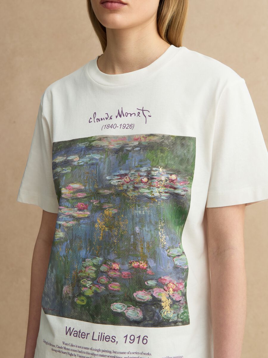 White pure cotton regular fit T-shirt with Monet print_3
