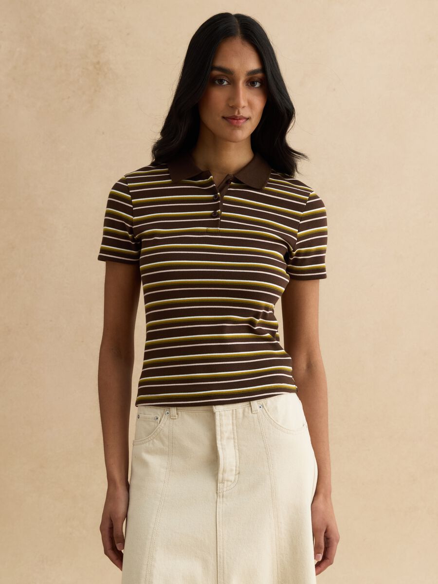 Polo marrone a righe in cotone elasticizzato_1