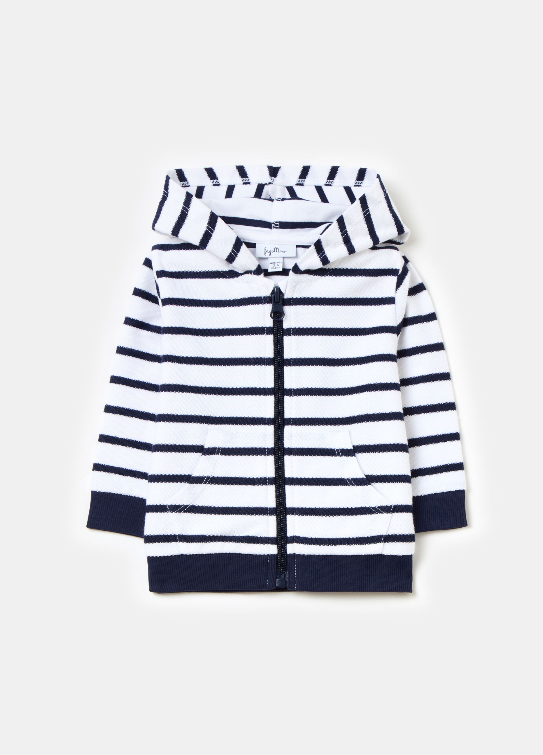 Full-zip sweatshirt in striped organic cotton with hood