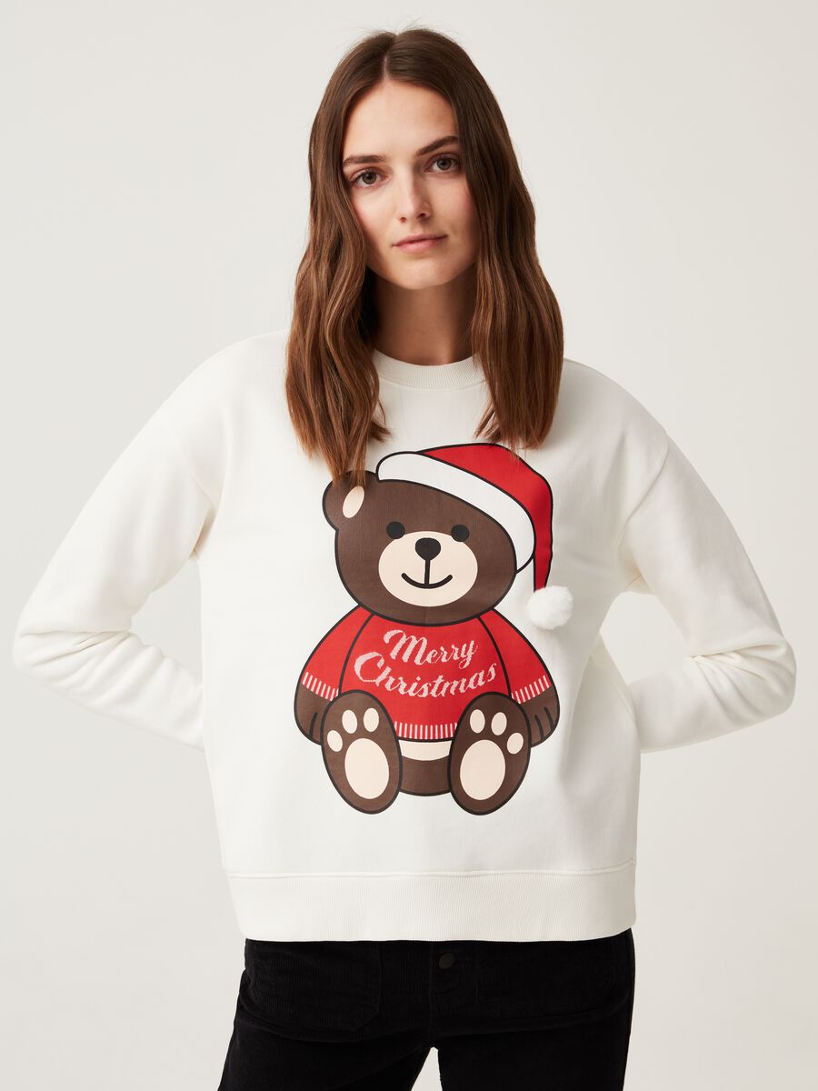 Sweatshirt with Christmas bear print and pompoms_0