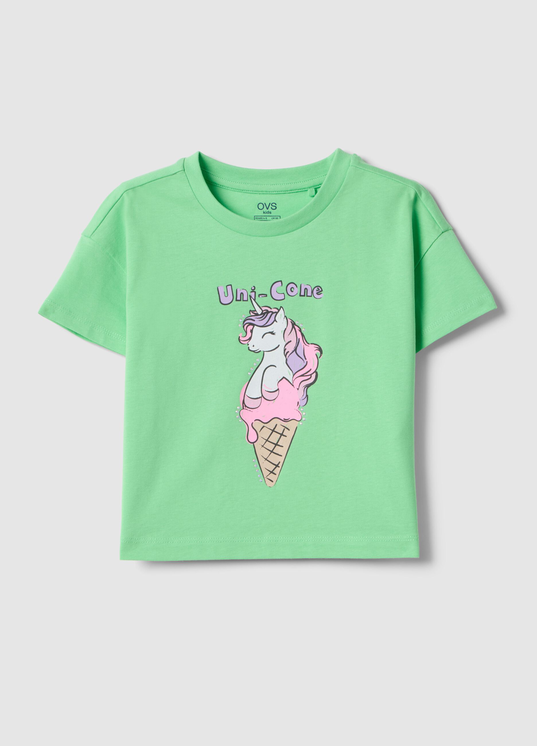 Girls' green pure cotton regular fit t-shirt with ice cream