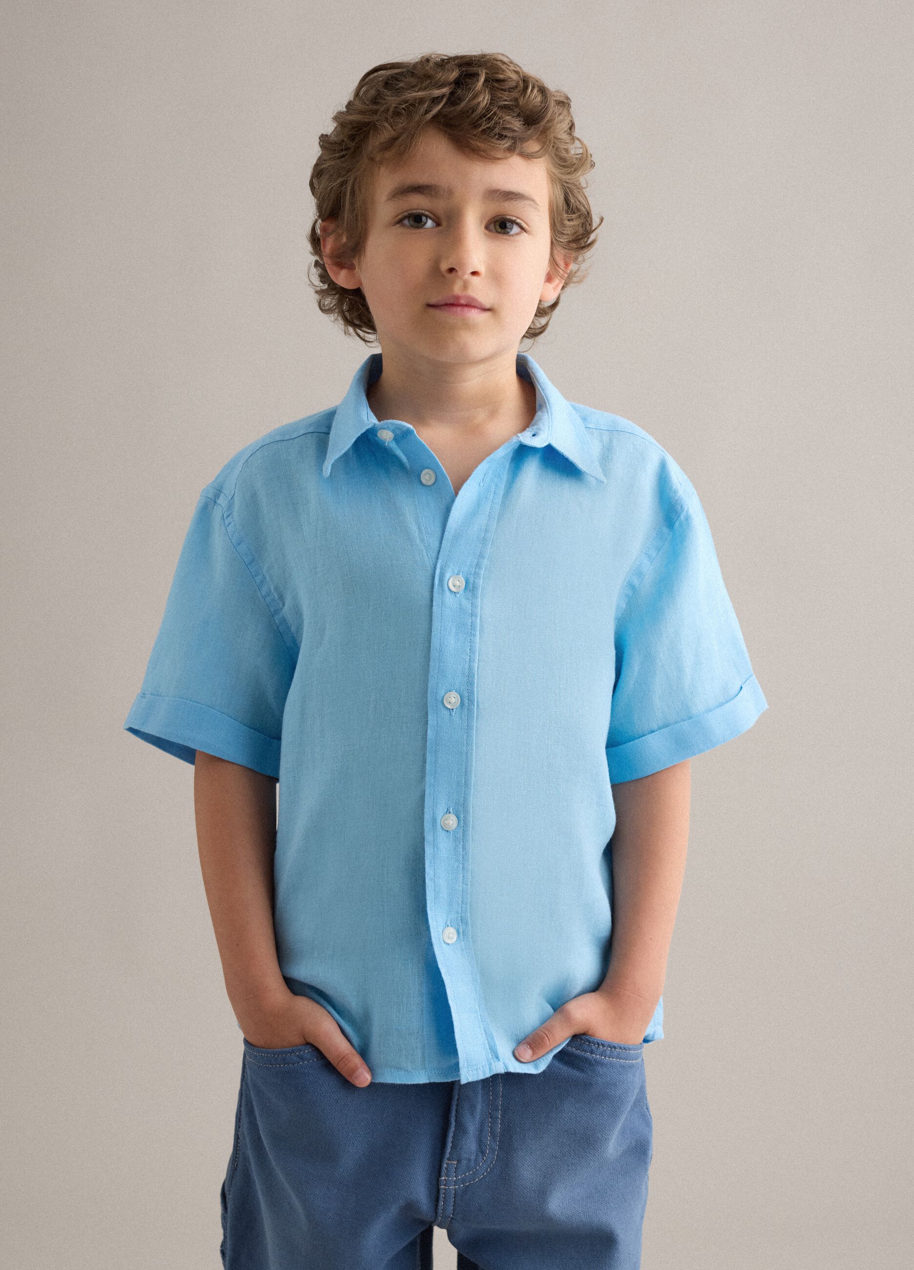 Light blue pure linen oversized shirt for boys