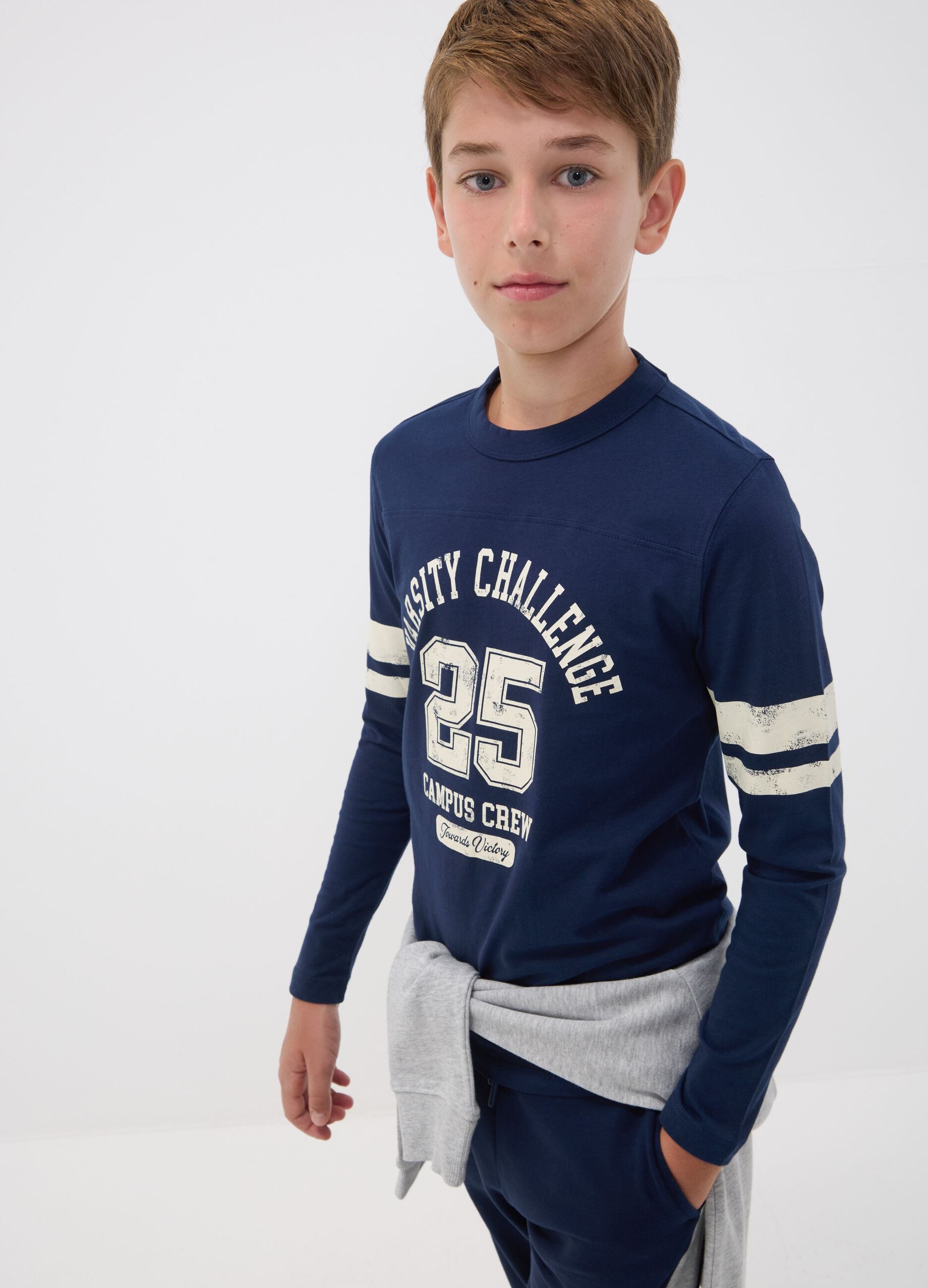 Blue pure organic cotton T-shirt with college print for boys