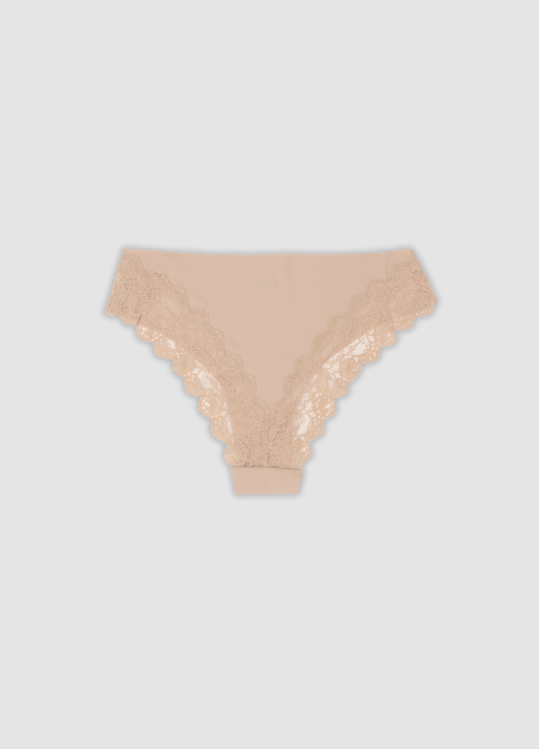 Beige Brazilian briefs in stretch microfibre with lace