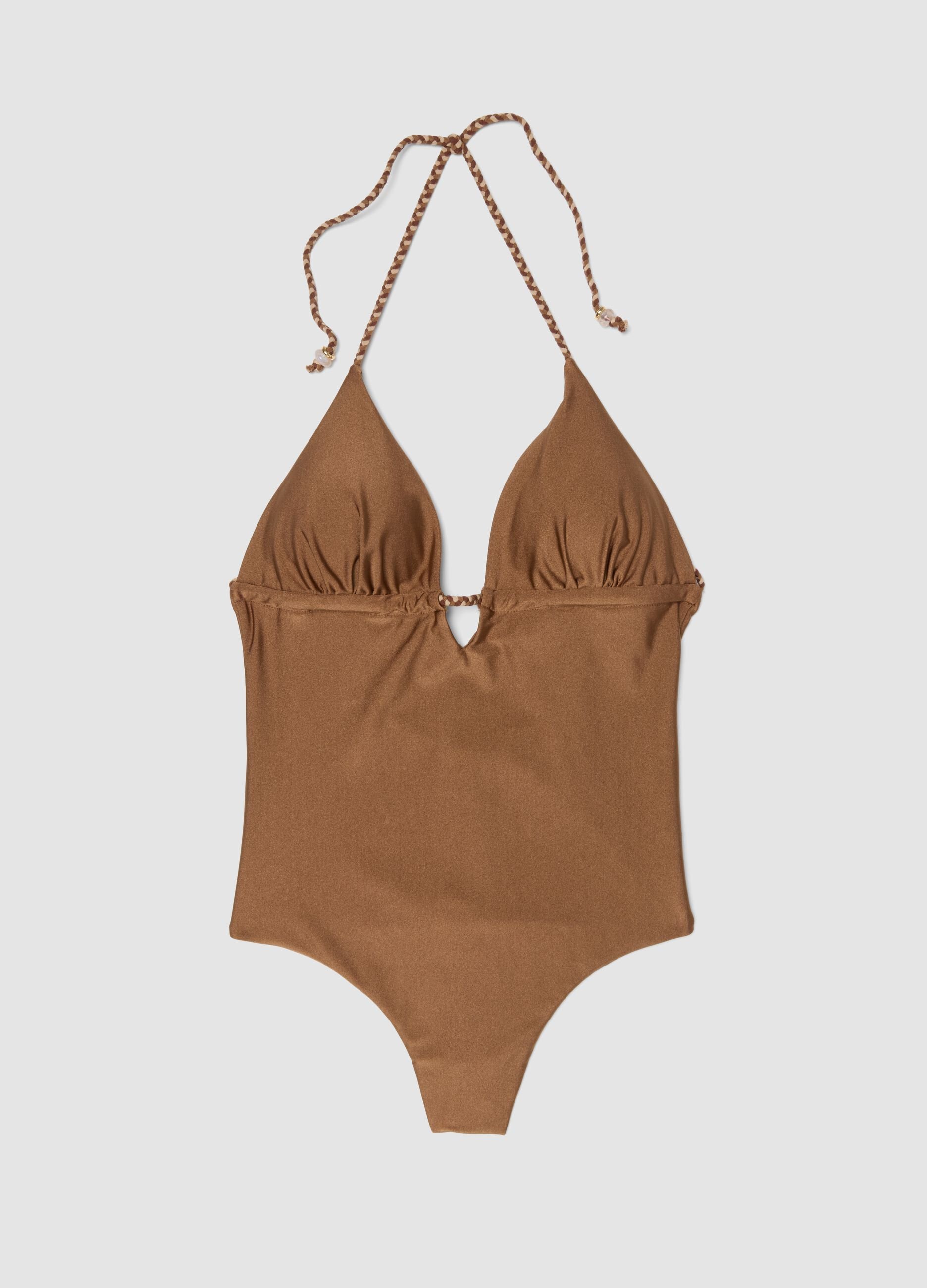 Brown stretch-fabric one-piece swimsuit with braided tie straps