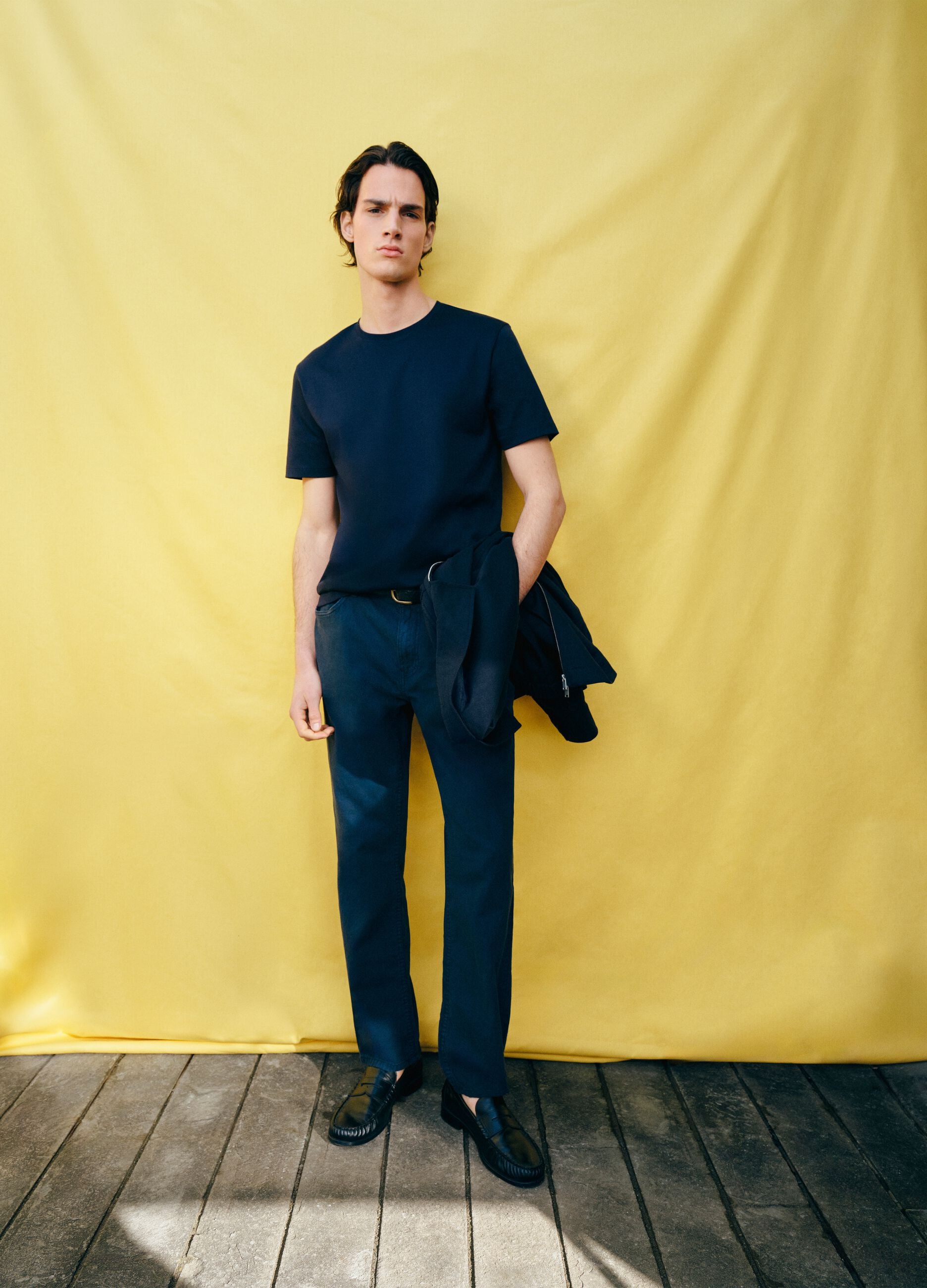 Casual blue linen-cotton blend trousers, regular fit