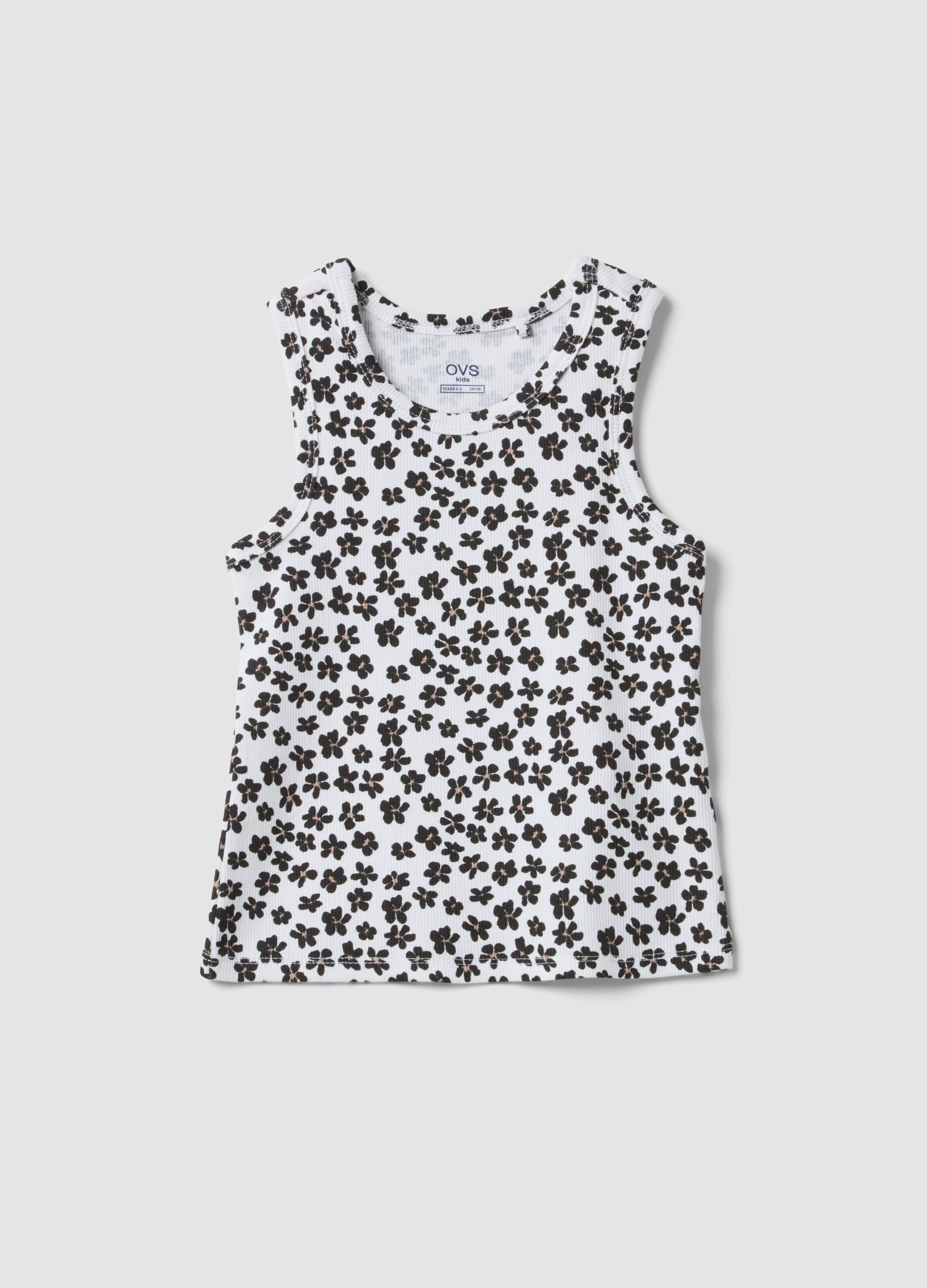White ribbed stretch-cotton tank top with floral print
