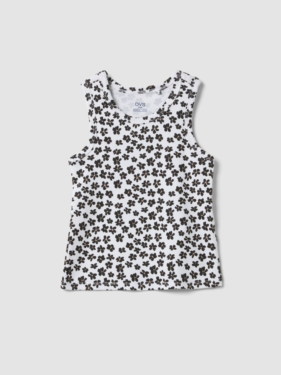 White ribbed stretch-cotton tank top with floral print_0