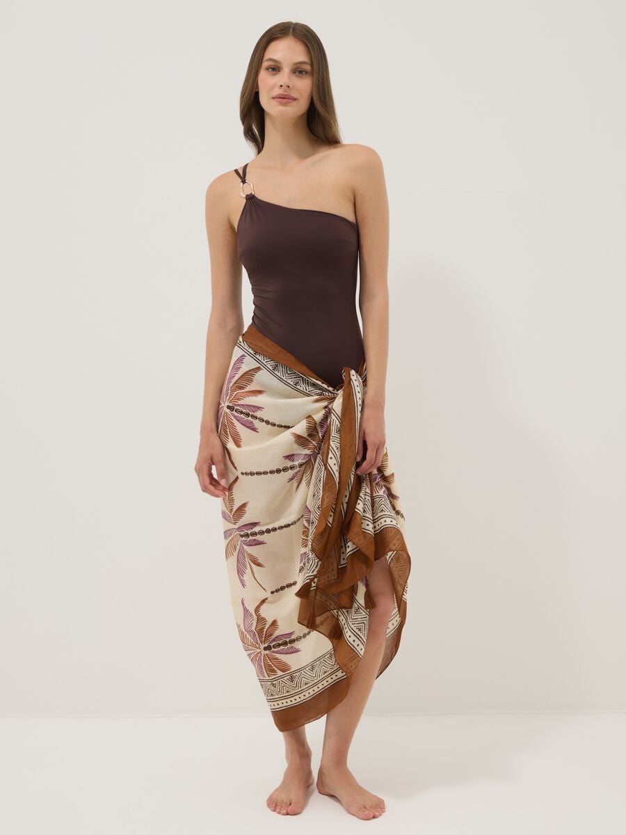 Brown pure cotton pareo with tropical print_0