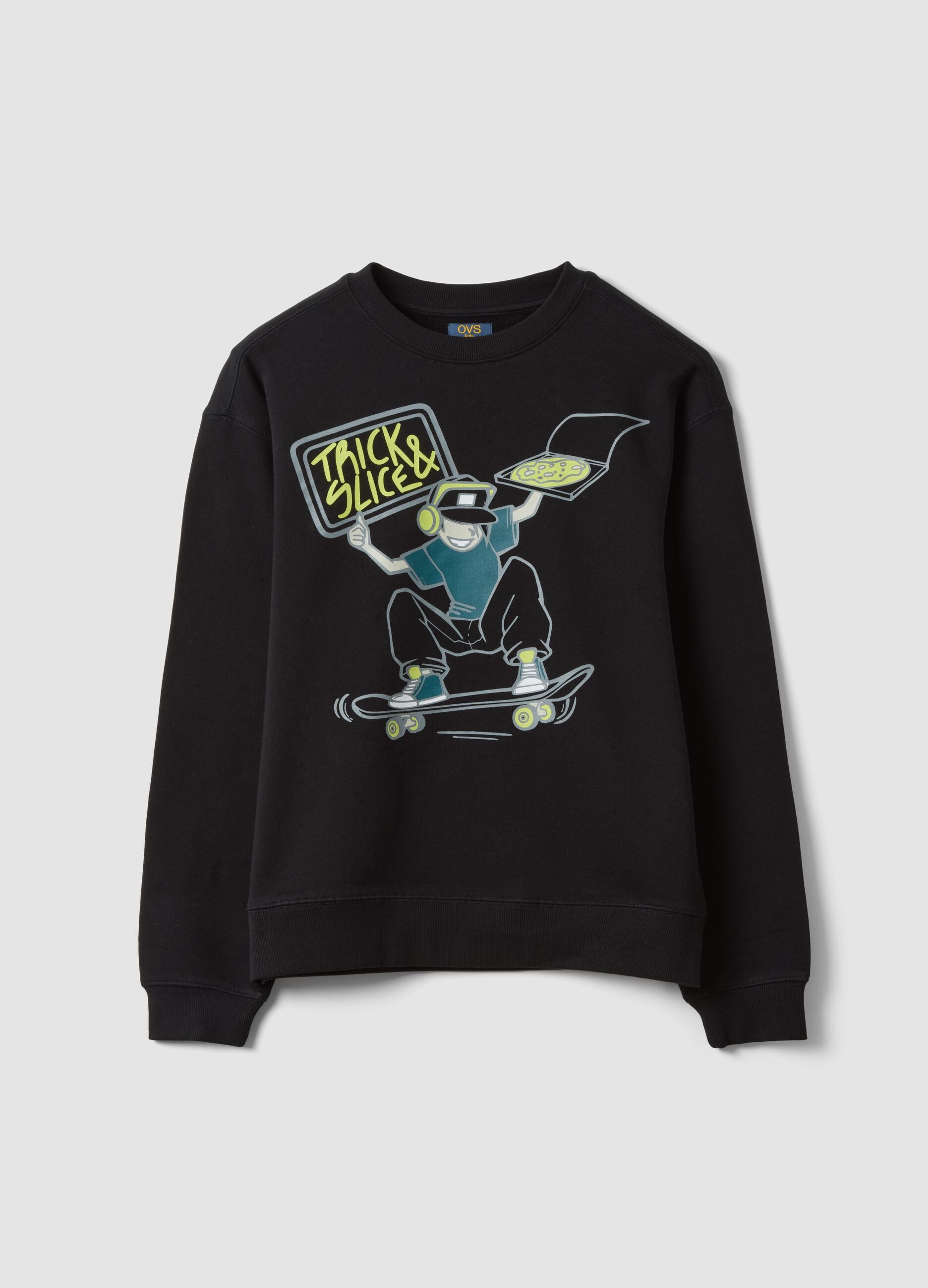Schwarzes Sweatshirt aus reiner Baumwolle mit Rundhals und Print