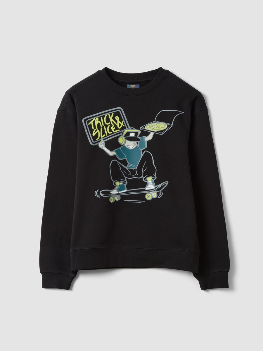 Schwarzes Sweatshirt aus reiner Baumwolle mit Rundhals und Print_0