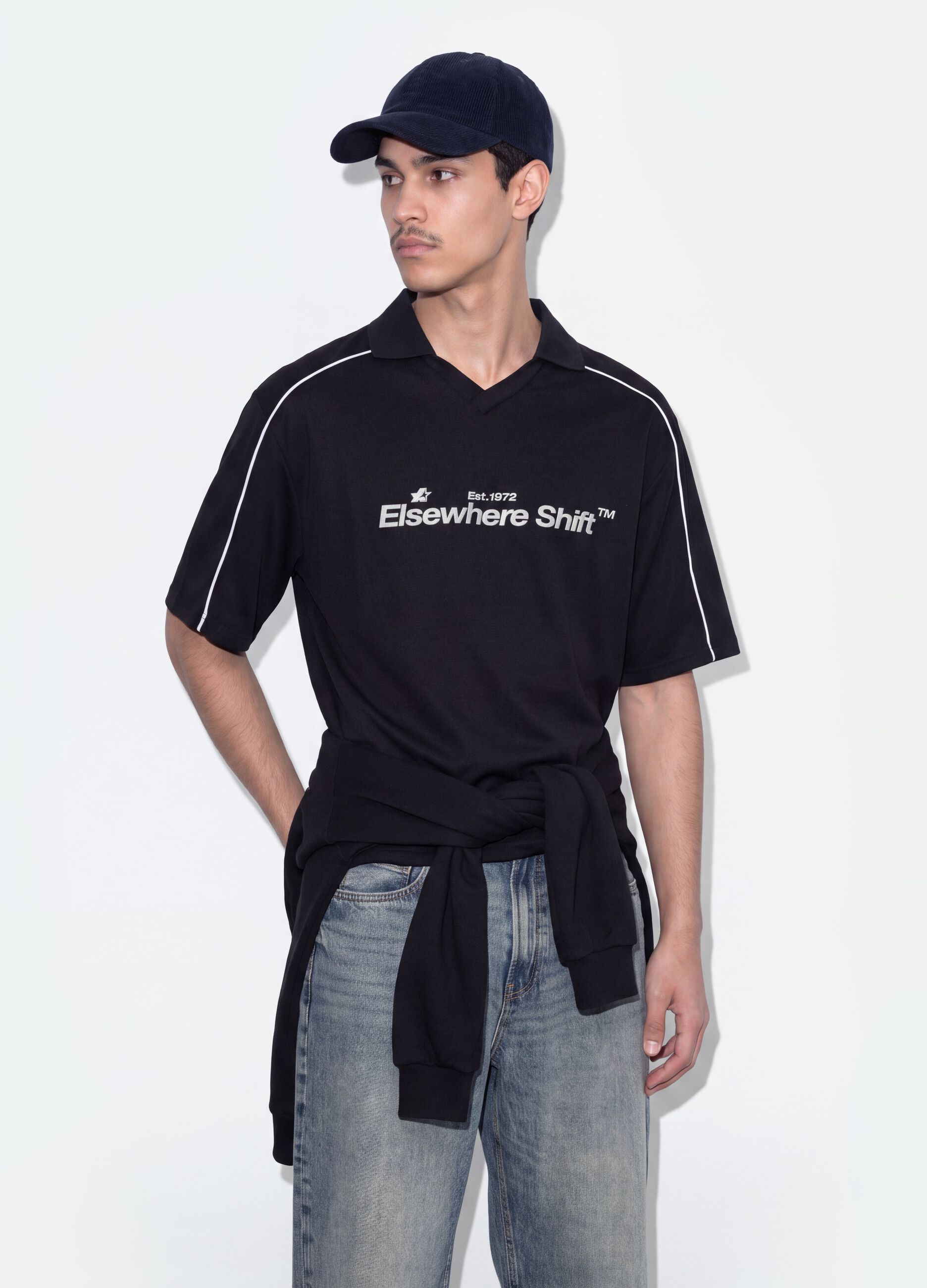 Black pure cotton oversized short-sleeve polo shirt