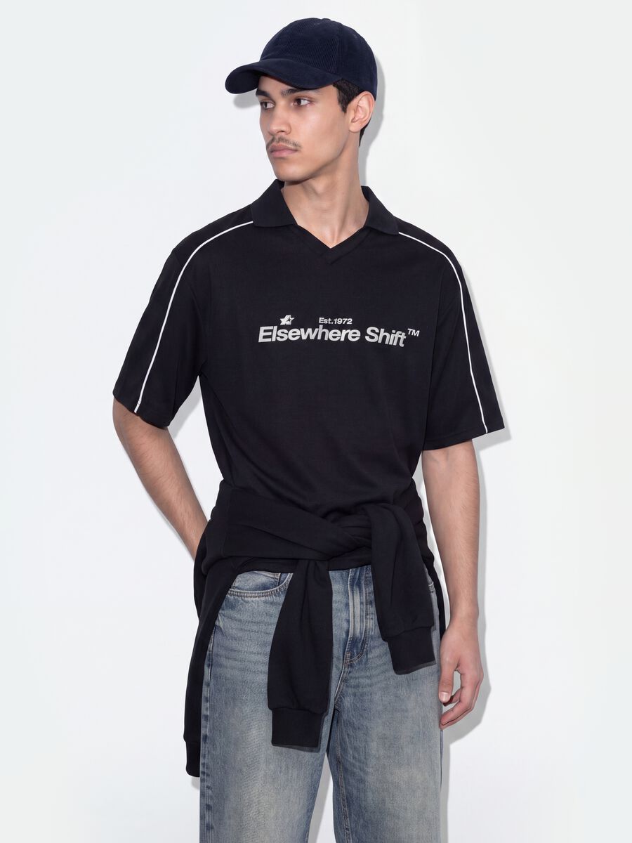 Black pure cotton oversized short-sleeve polo shirt_0