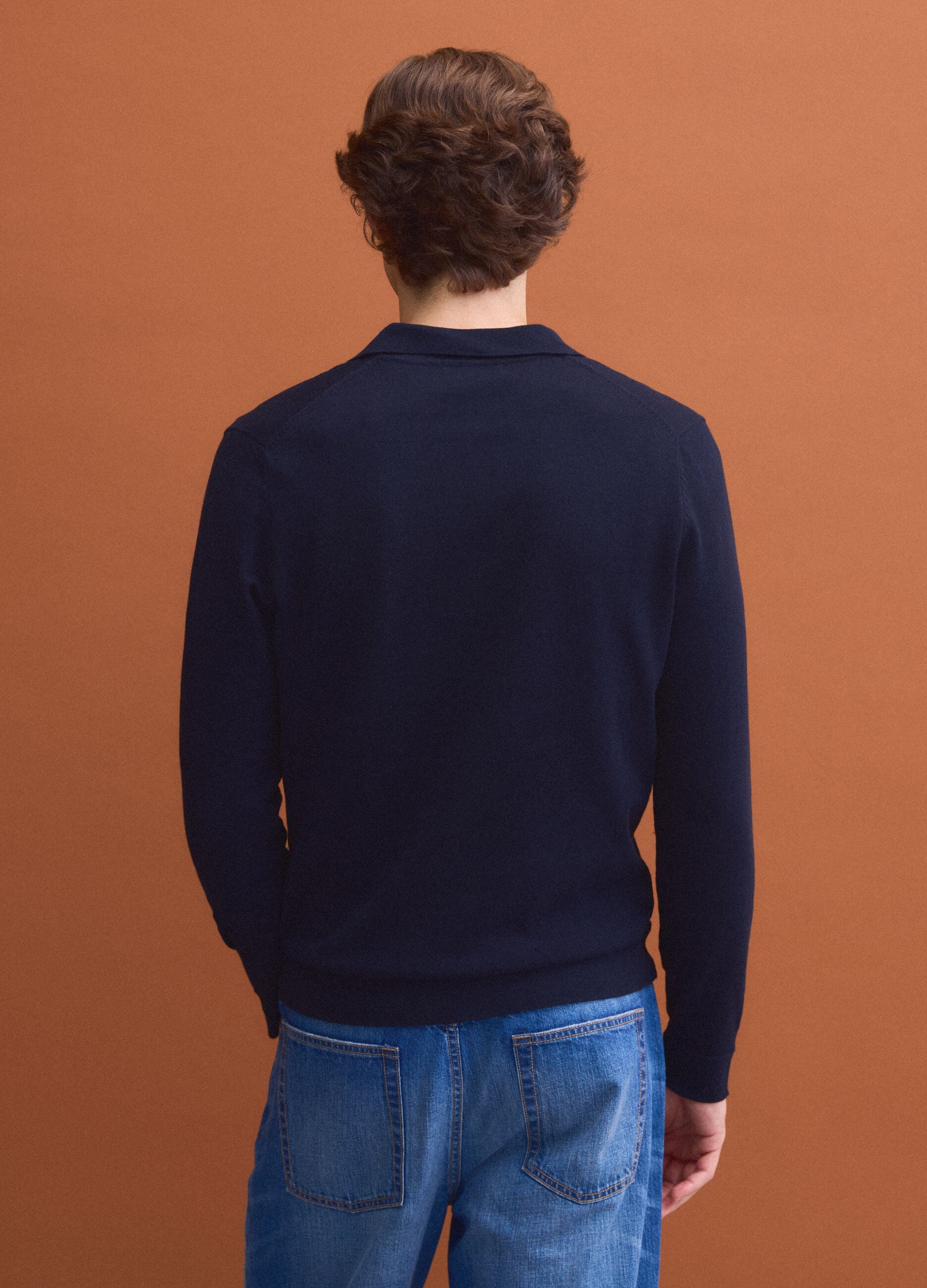 Blue long-sleeve pure cotton polo shirt