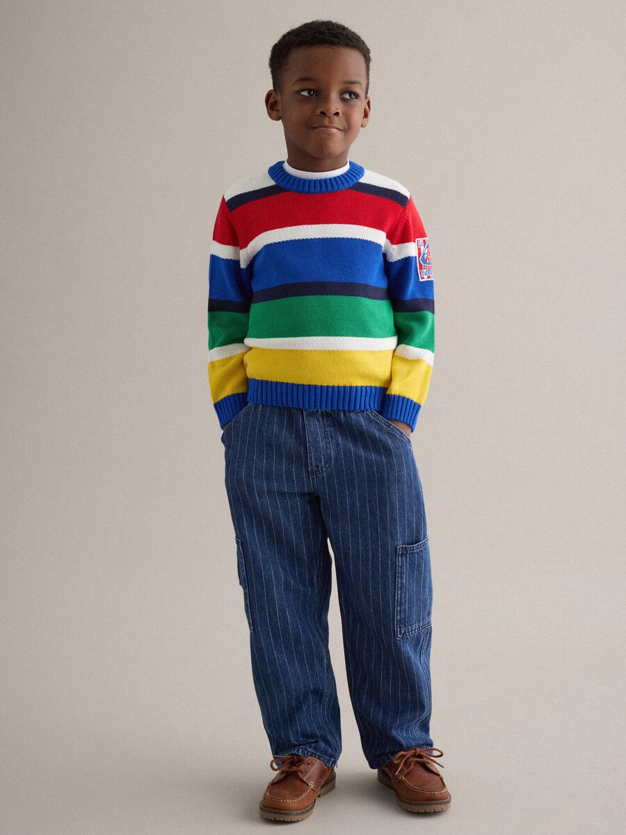 Children's relaxed fit striped blue cotton blend cargo trousers_0