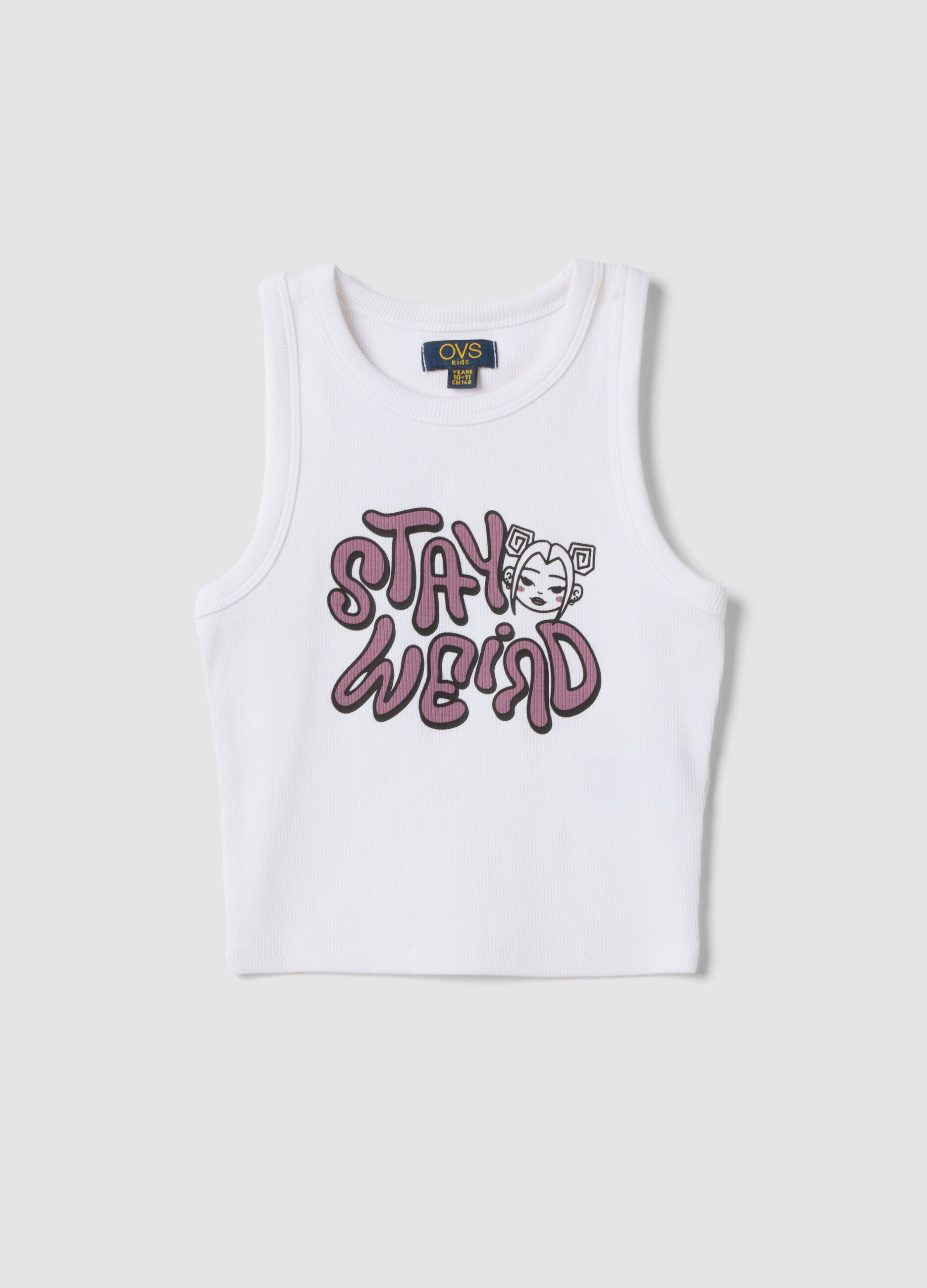 White stretch cotton fitted printed tank top for girls