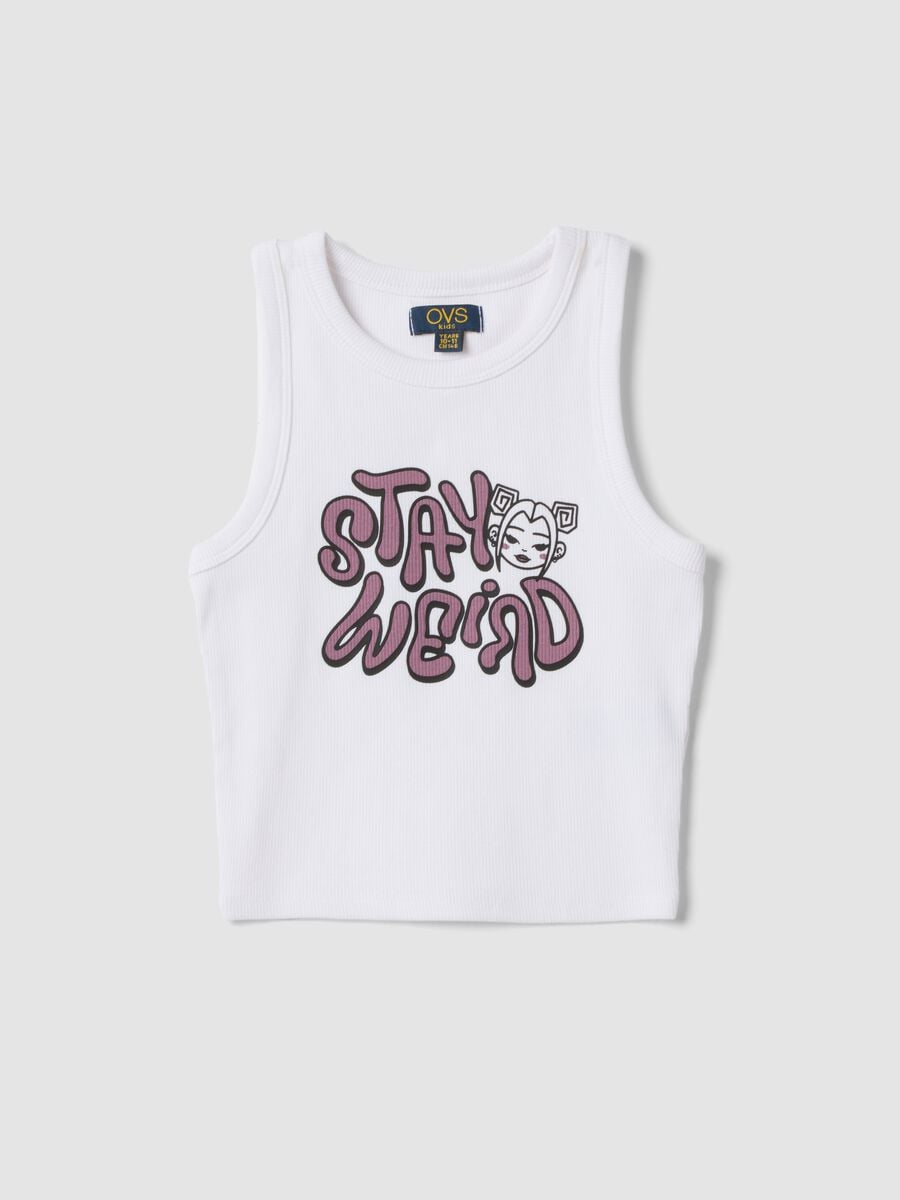 White stretch cotton fitted printed tank top for girls_0