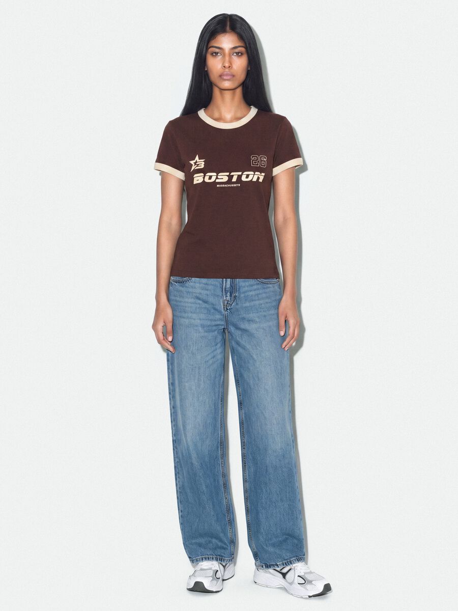 Brown cotton T-shirt with front graphic print and contrast trims_1
