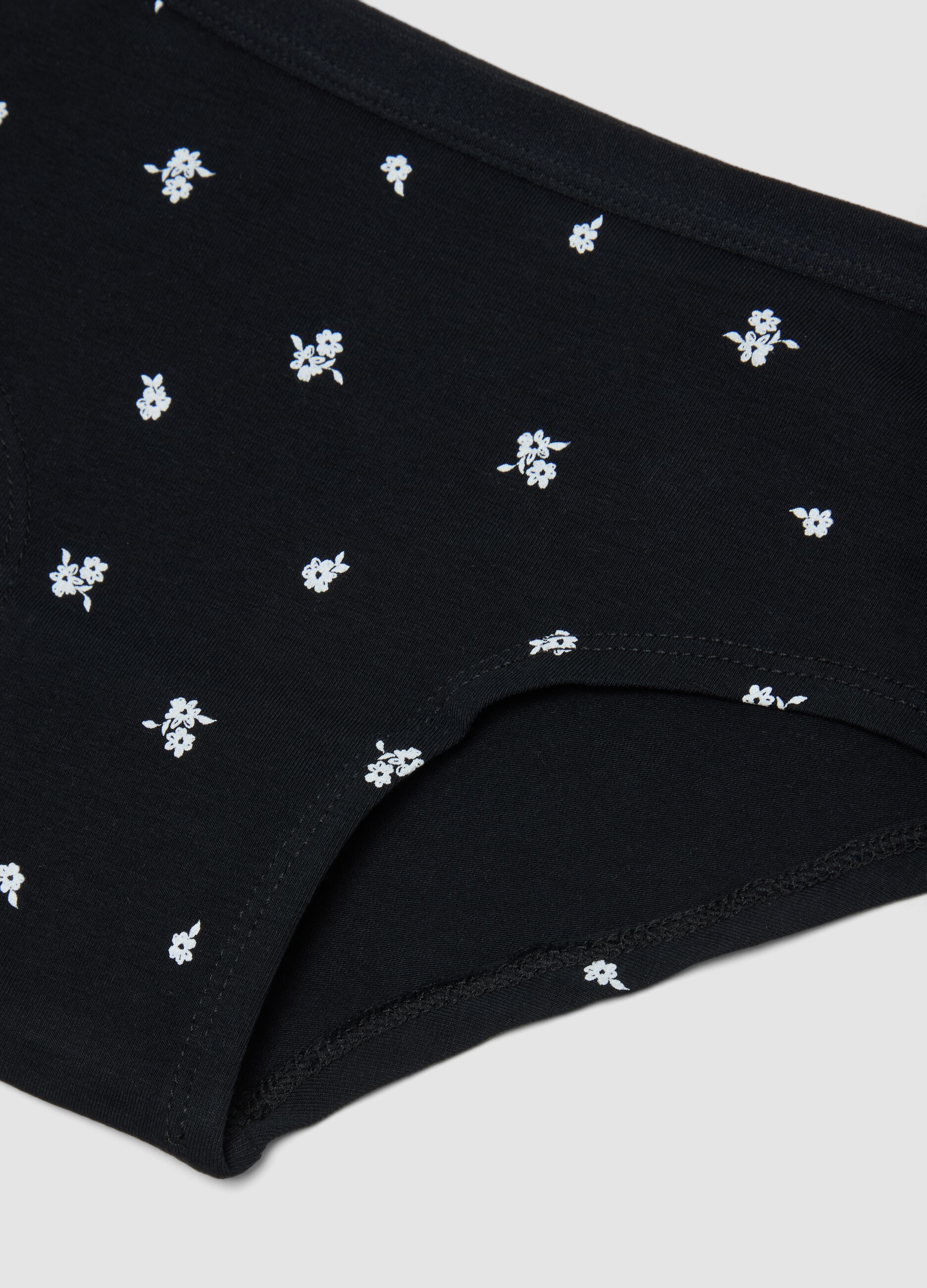 Slip culotte neri in cotone organico elasticizzato con stampa floreale
