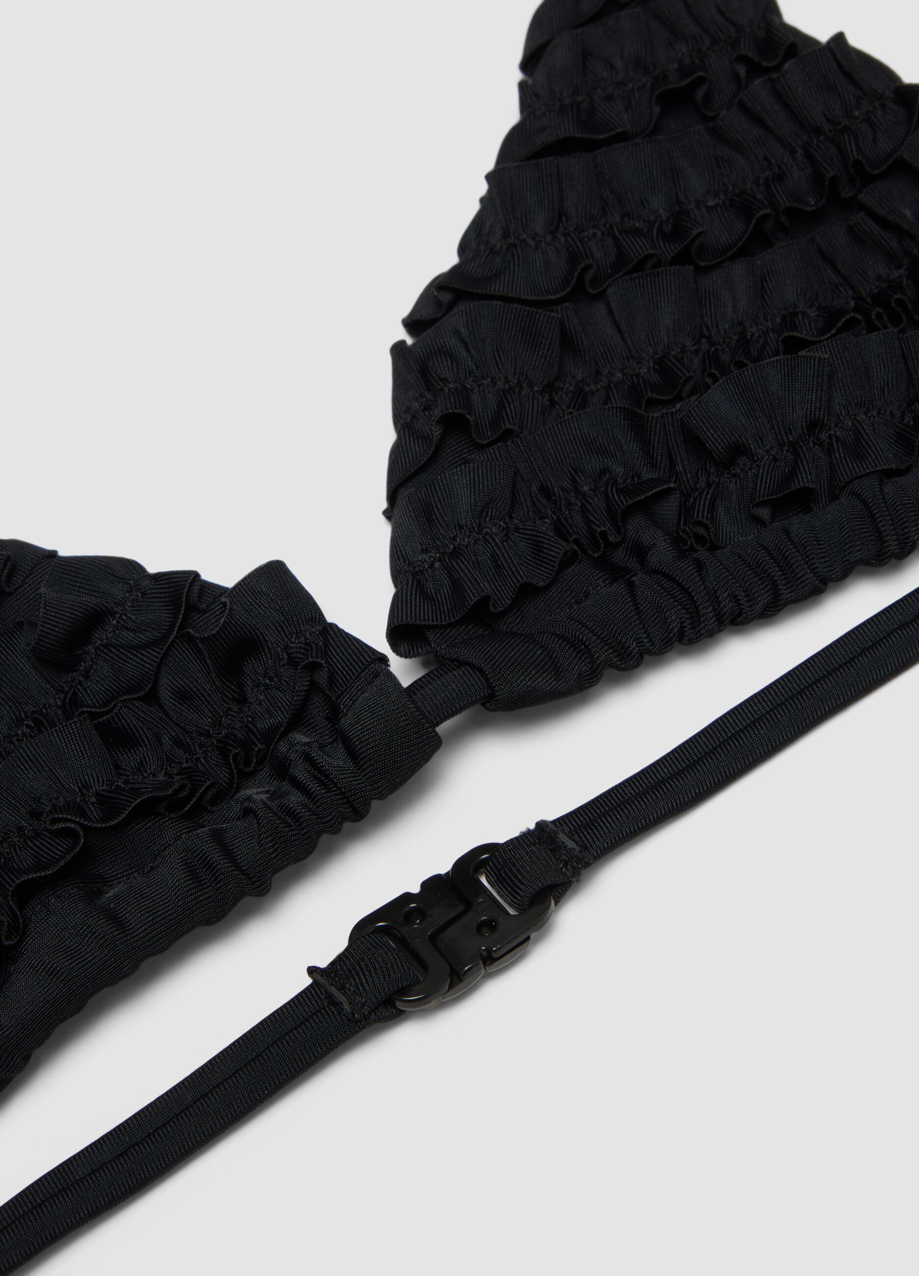 Black triangle bikini in stretch fabric with frills