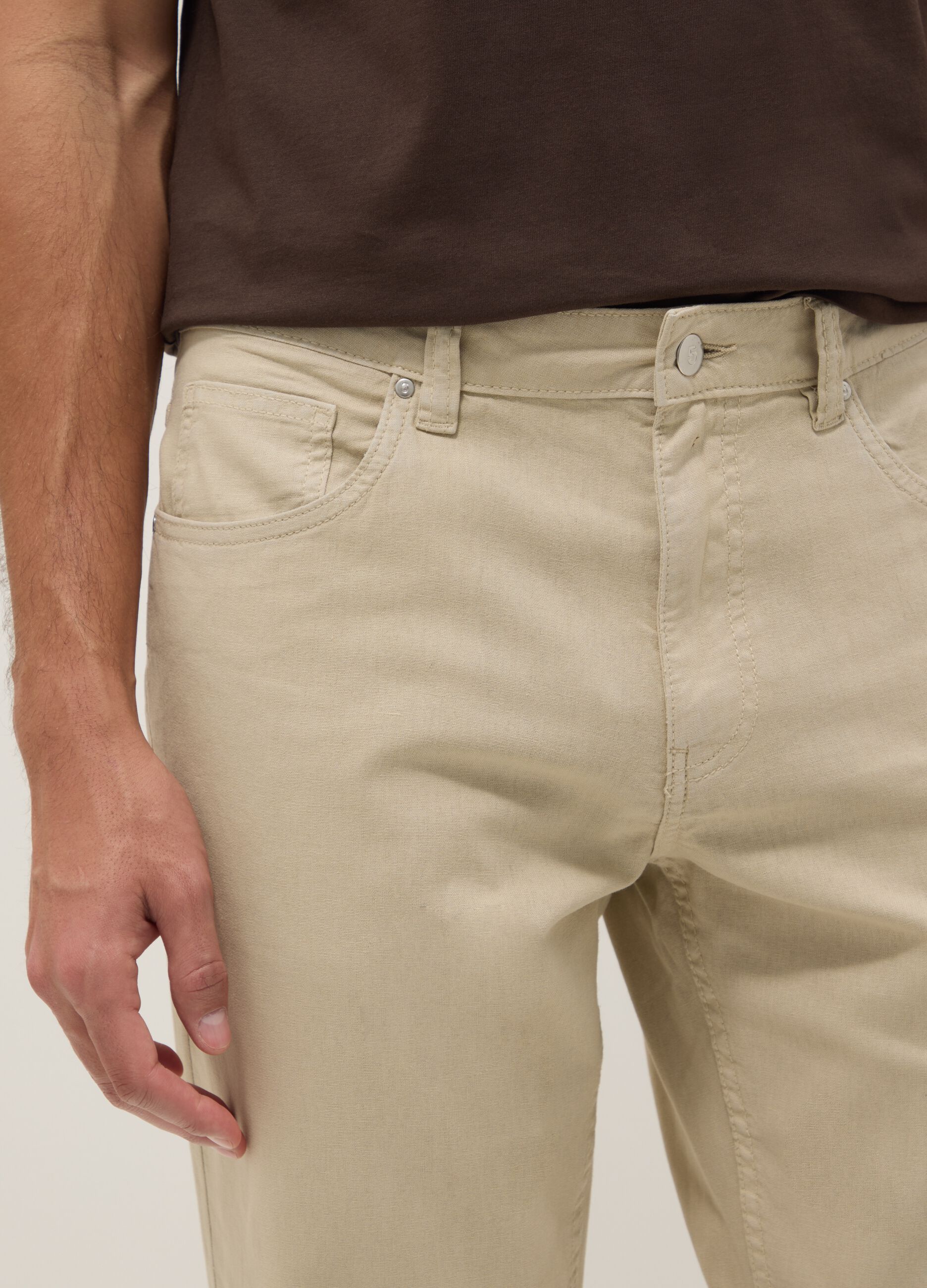 Beige casual linen-blend regular-fit trousers