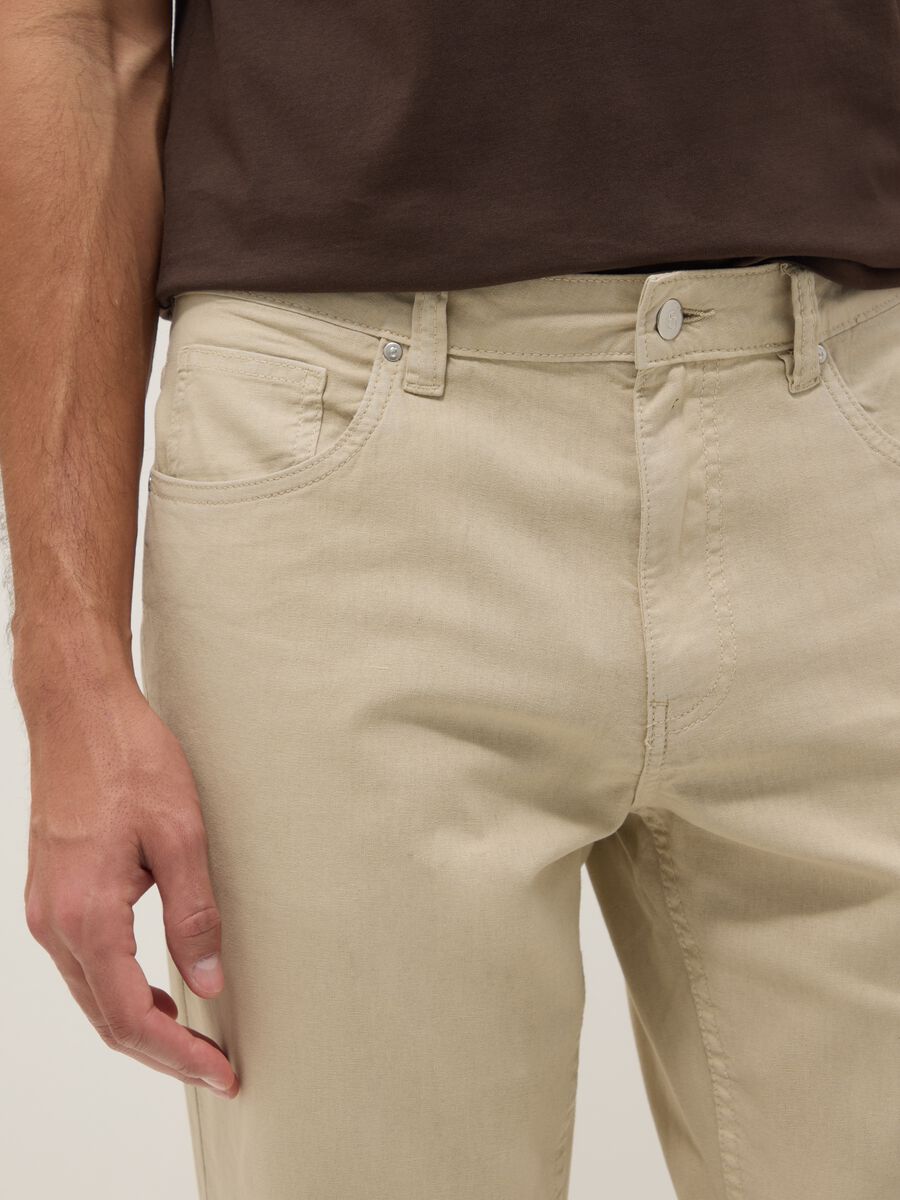 Beige casual linen-blend regular-fit trousers_3