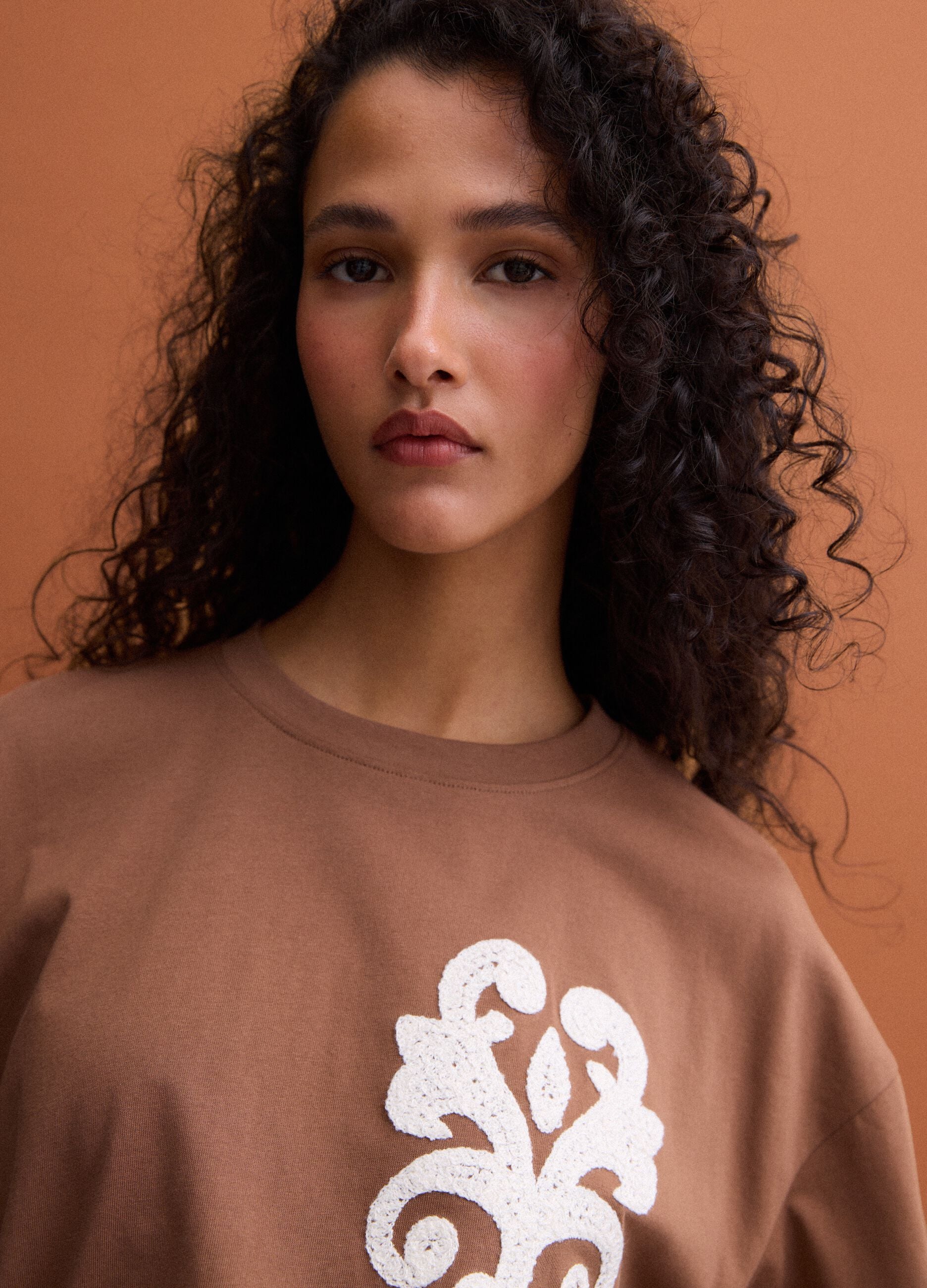 T-shirt castanha em algod&atilde;o puro com bordados, corte regular