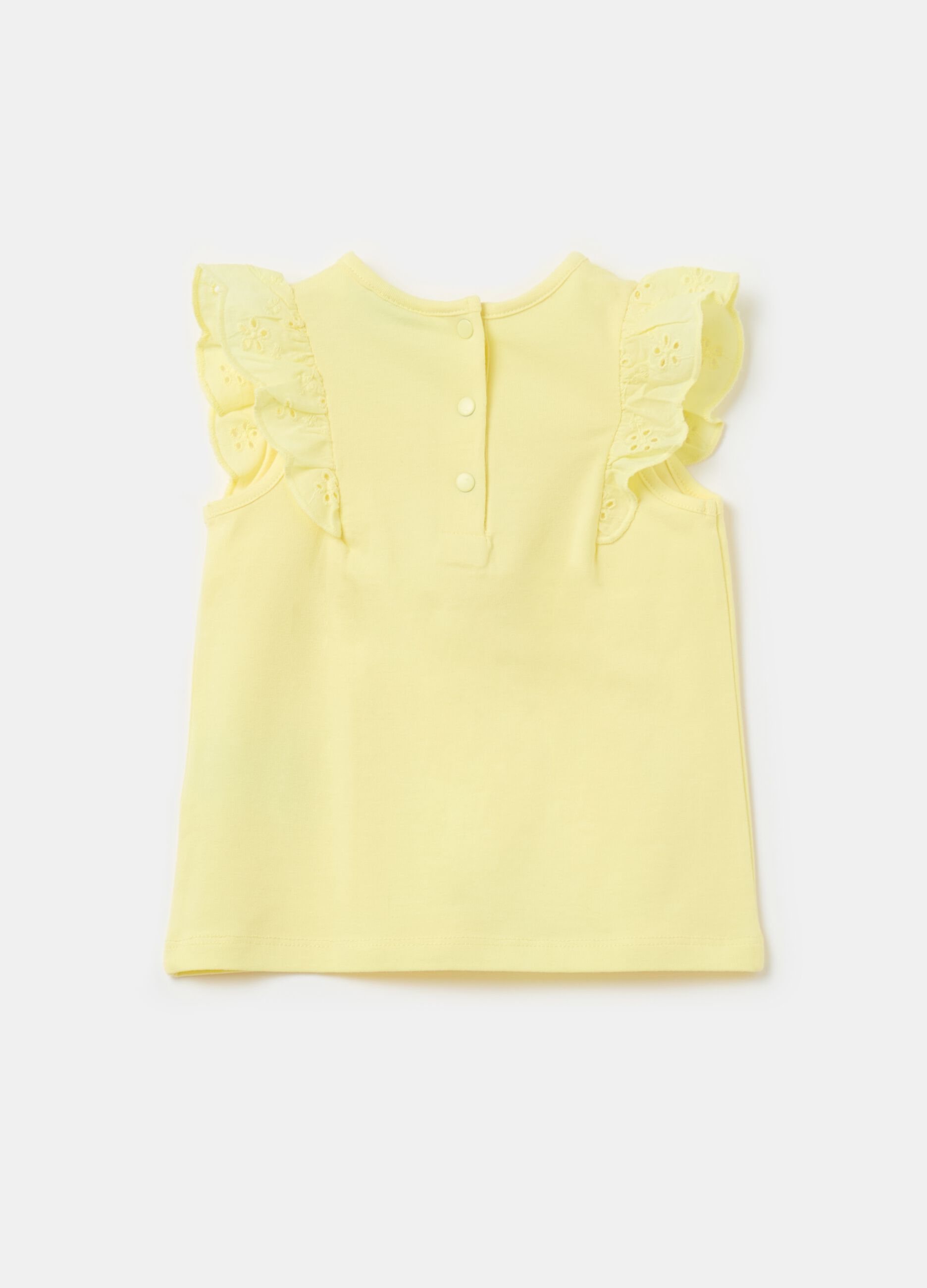 Sleeveless T-shirt with broderie anglaise frills