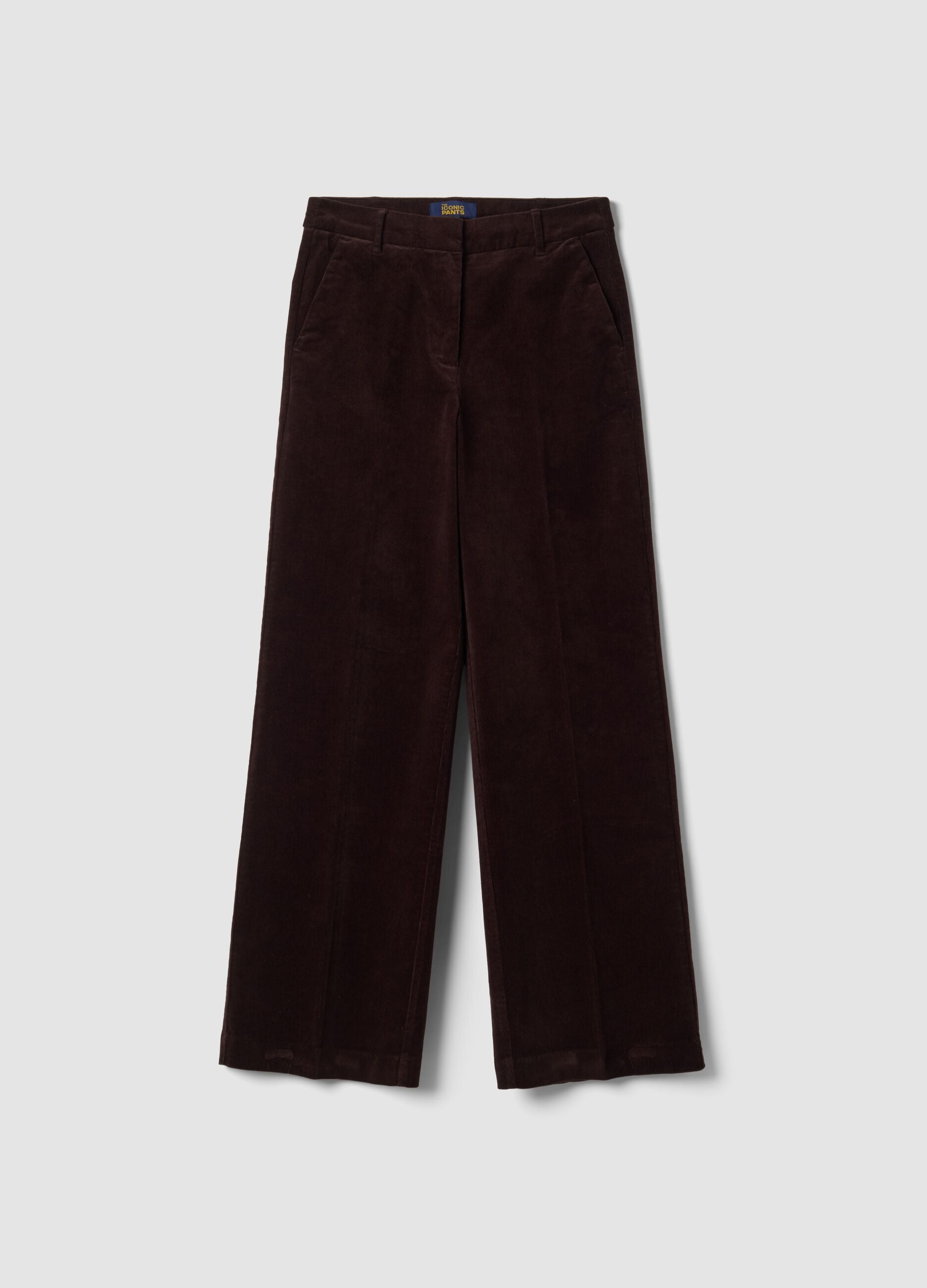Cal&ccedil;as The Iconic Pants castanhas em algod&atilde;o el&aacute;stico canelado, corte straight