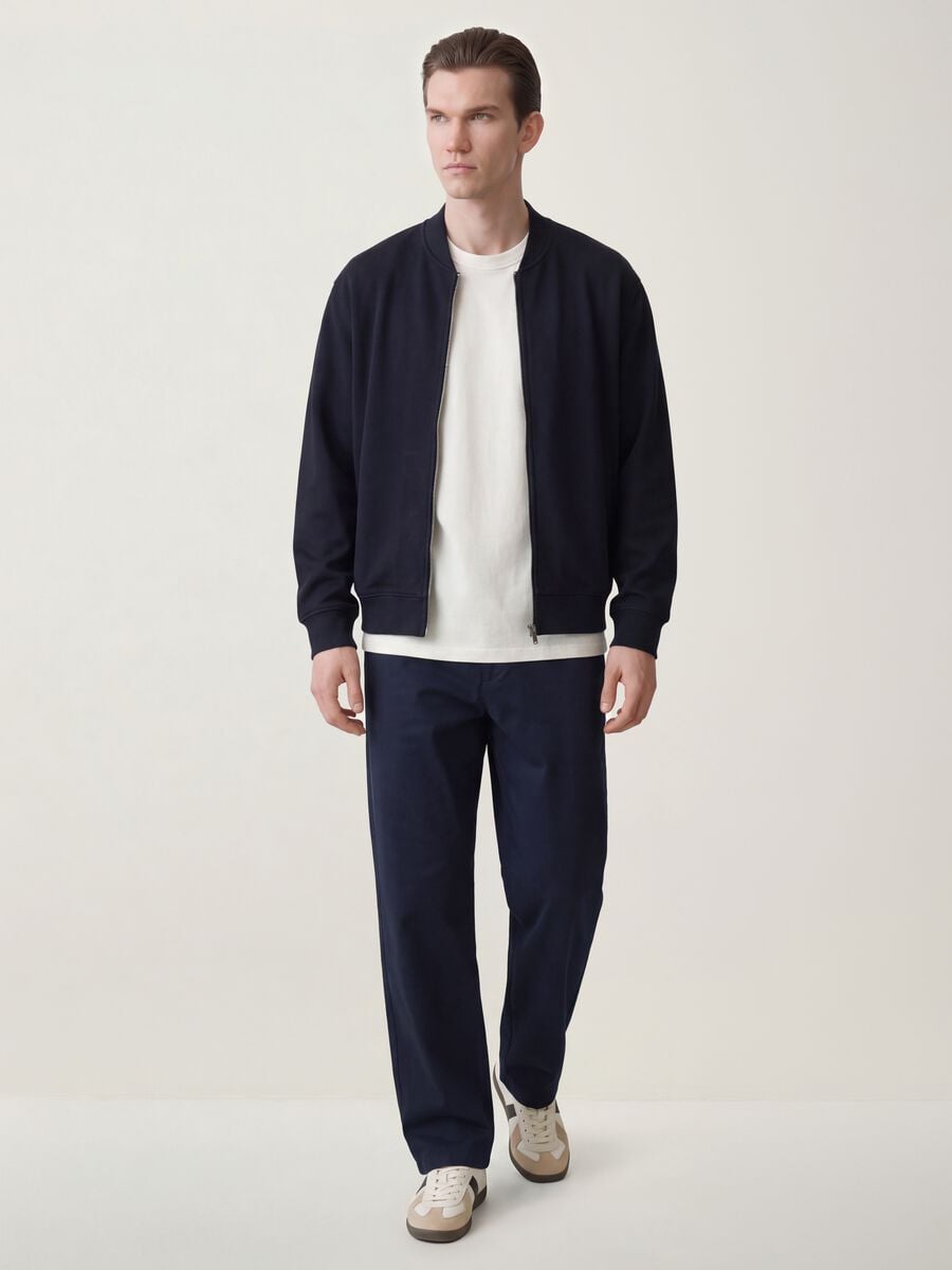 Navy full-zip sweatshirt in stretch piqu&eacute; with ribbed collar_1