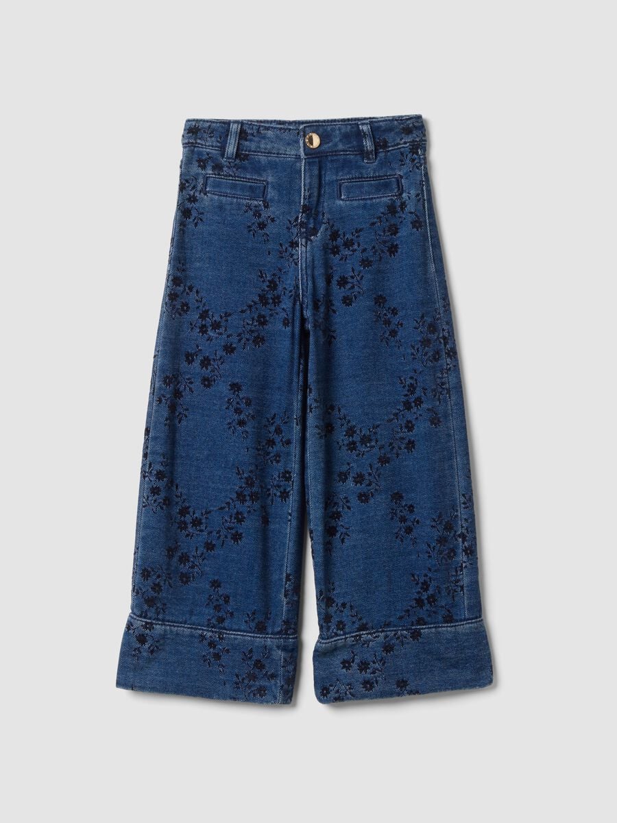 Blue cotton-blend straight-fit jeans with floral print_0