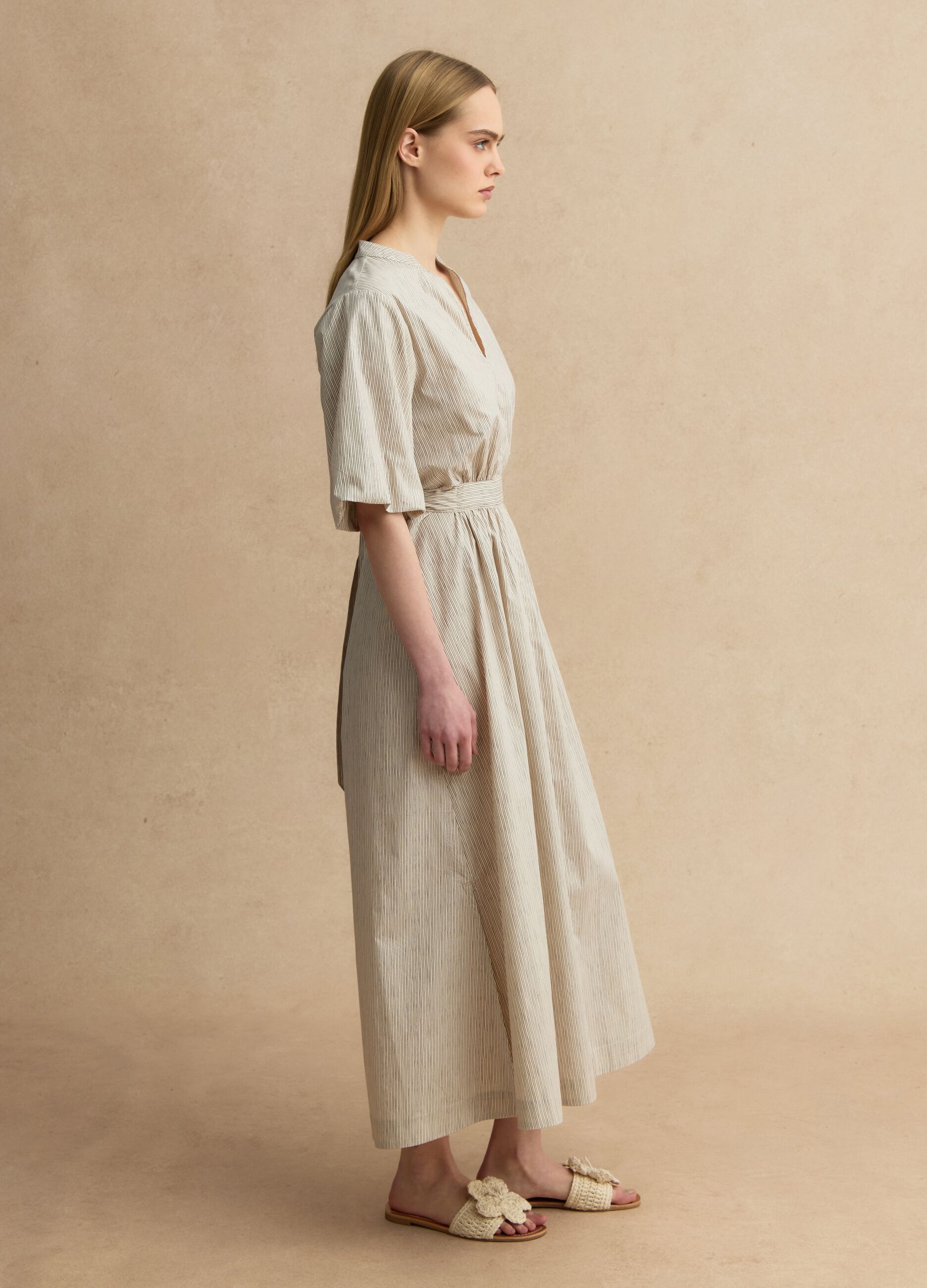 Beige striped pure cotton maxi dress, regular fit with V-neck