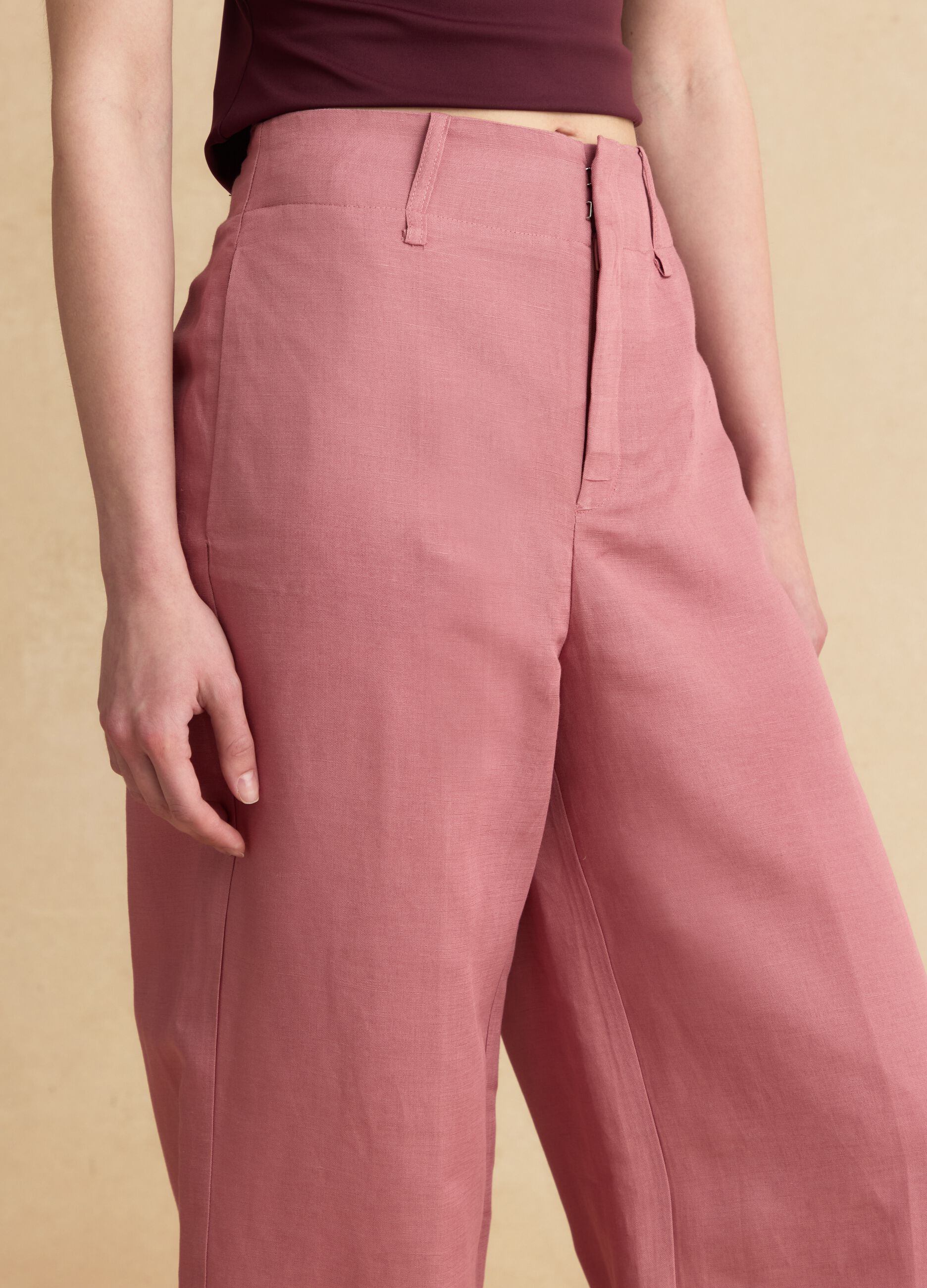 Rosa Wide-Leg-Hose aus Leinen-Viskose-Mix mit strukturiertem Bund