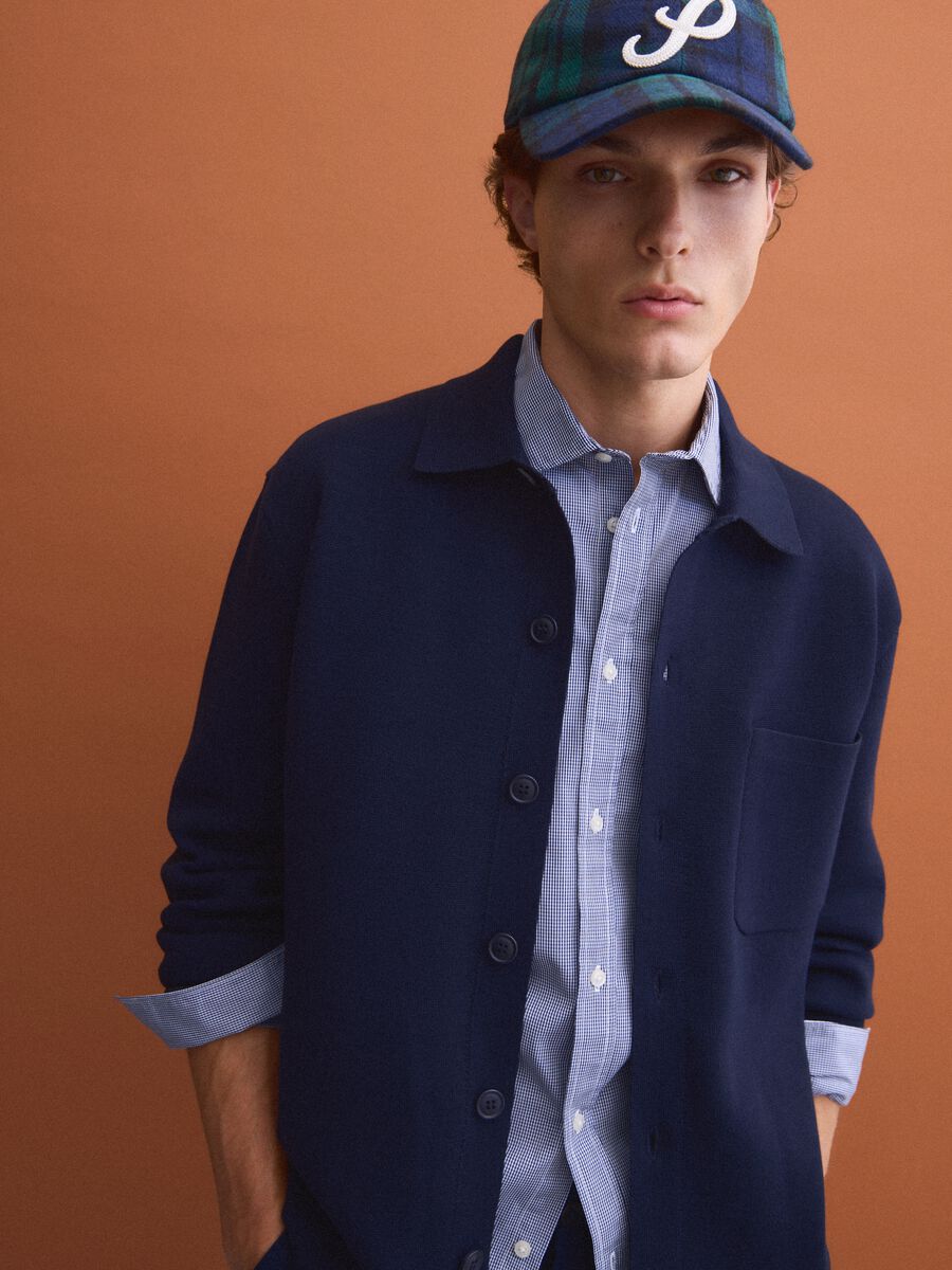 Blue regular-fit cotton-blend cardigan with collar_1