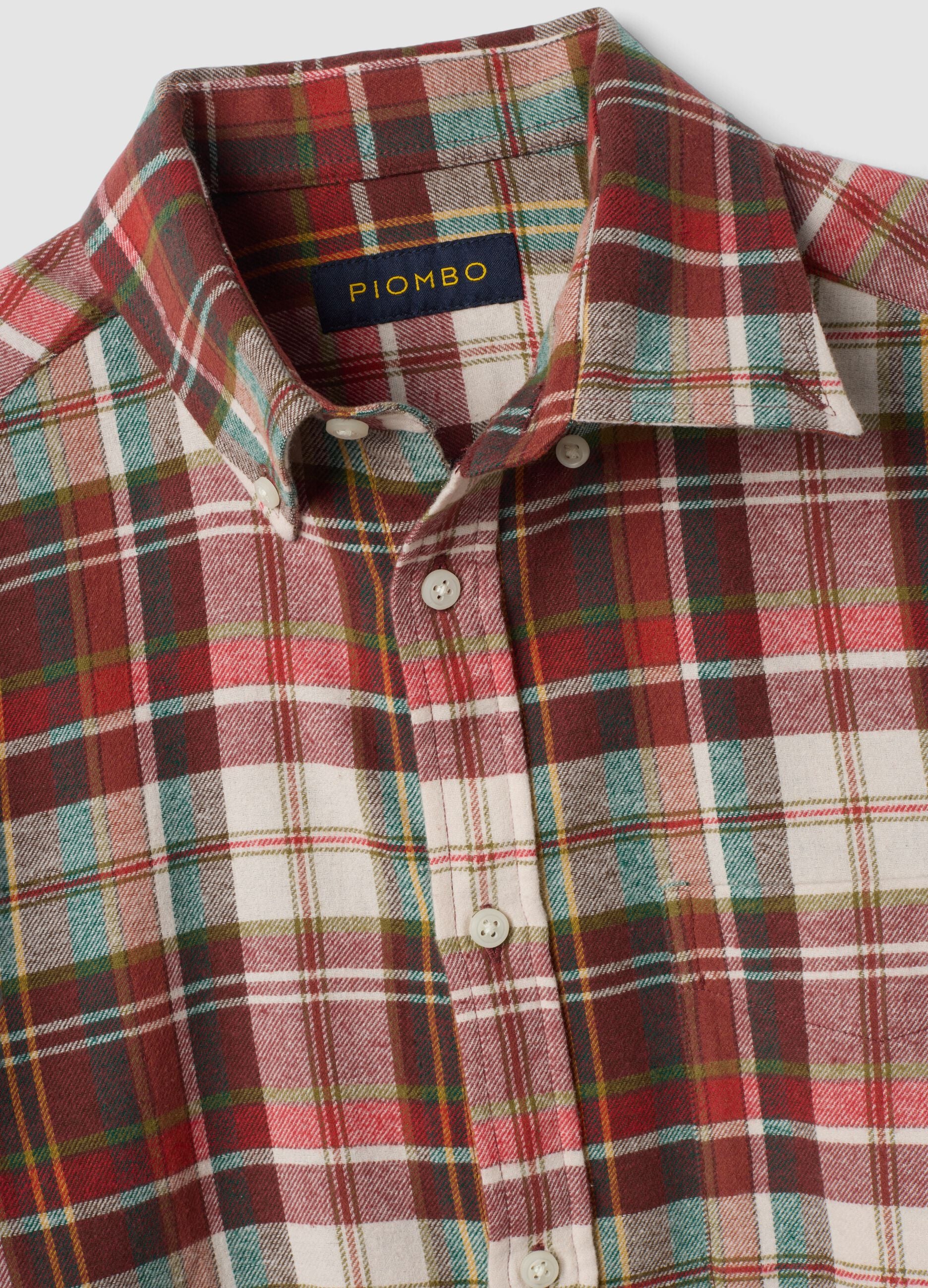 Orange and green checked pure cotton flannel shirt, regular fit
