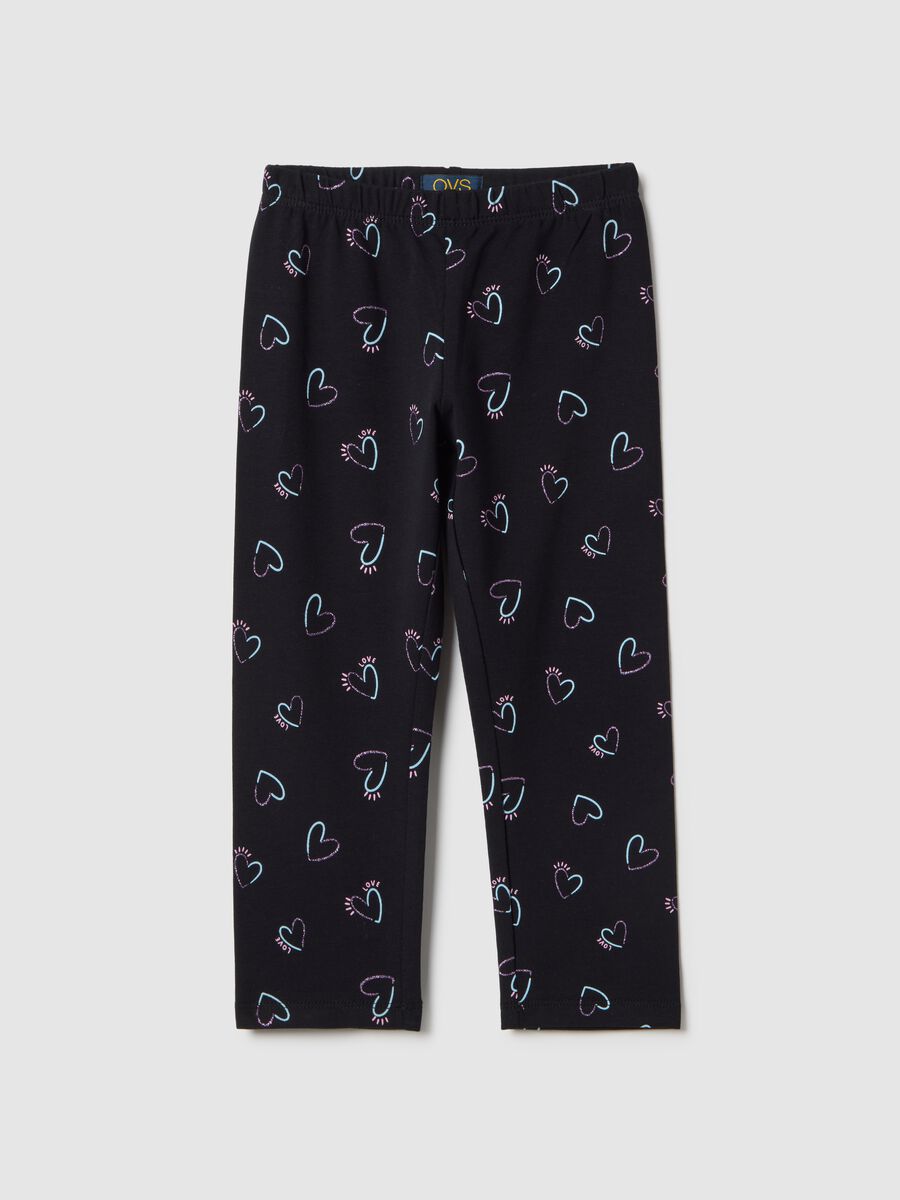 Girls' black stretch cotton skinny fit leggings with hearts_0
