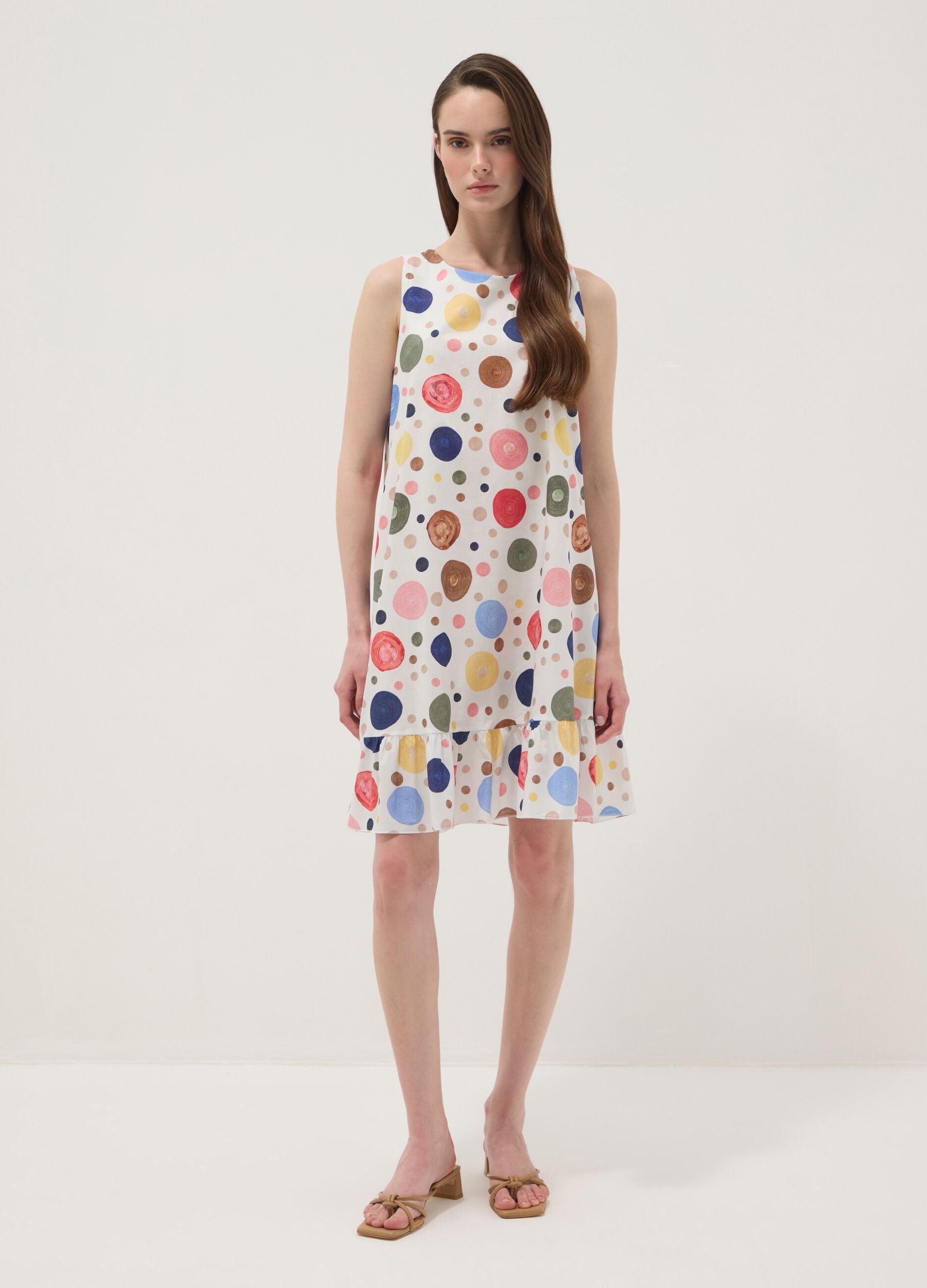 Sleeveless multicolour stretch-cotton dress with ruffle hem