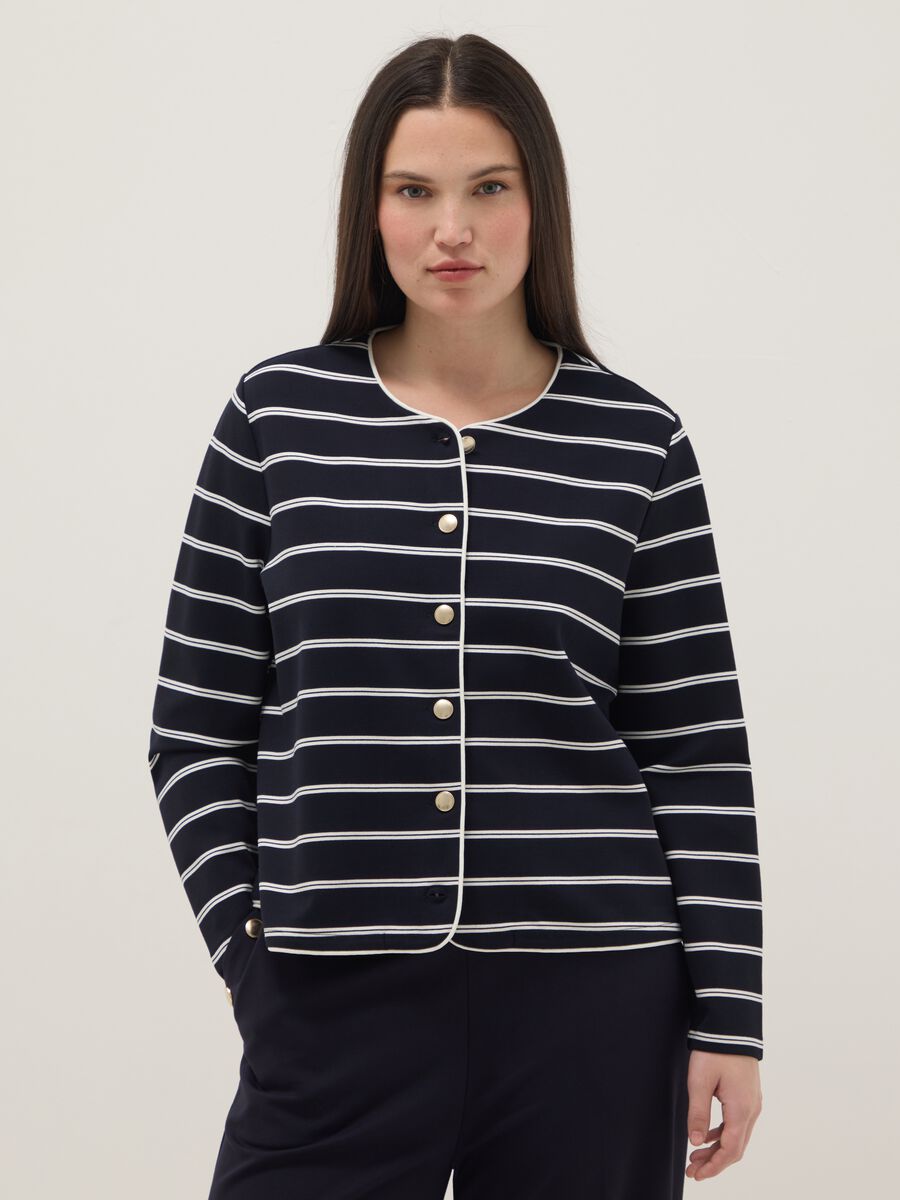 Multicolour Striped Viscose Blend Blazer Regular Fit with Buttons_0