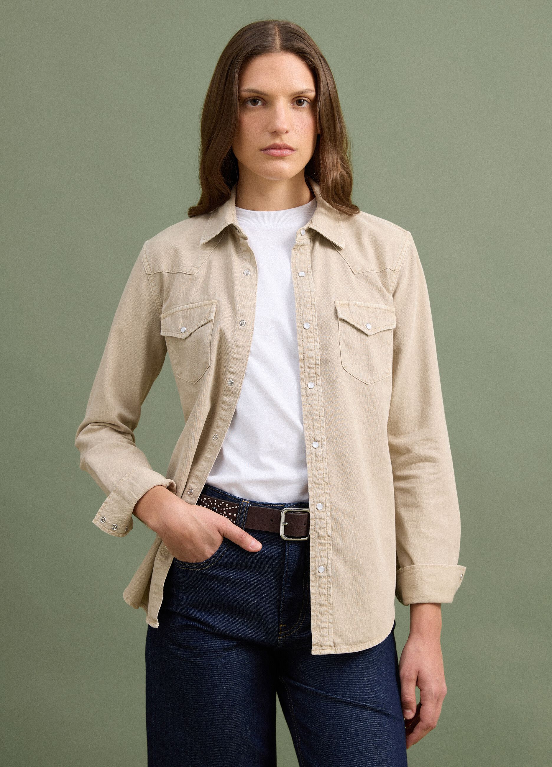Beige pure cotton shirt with snap buttons, regular fit