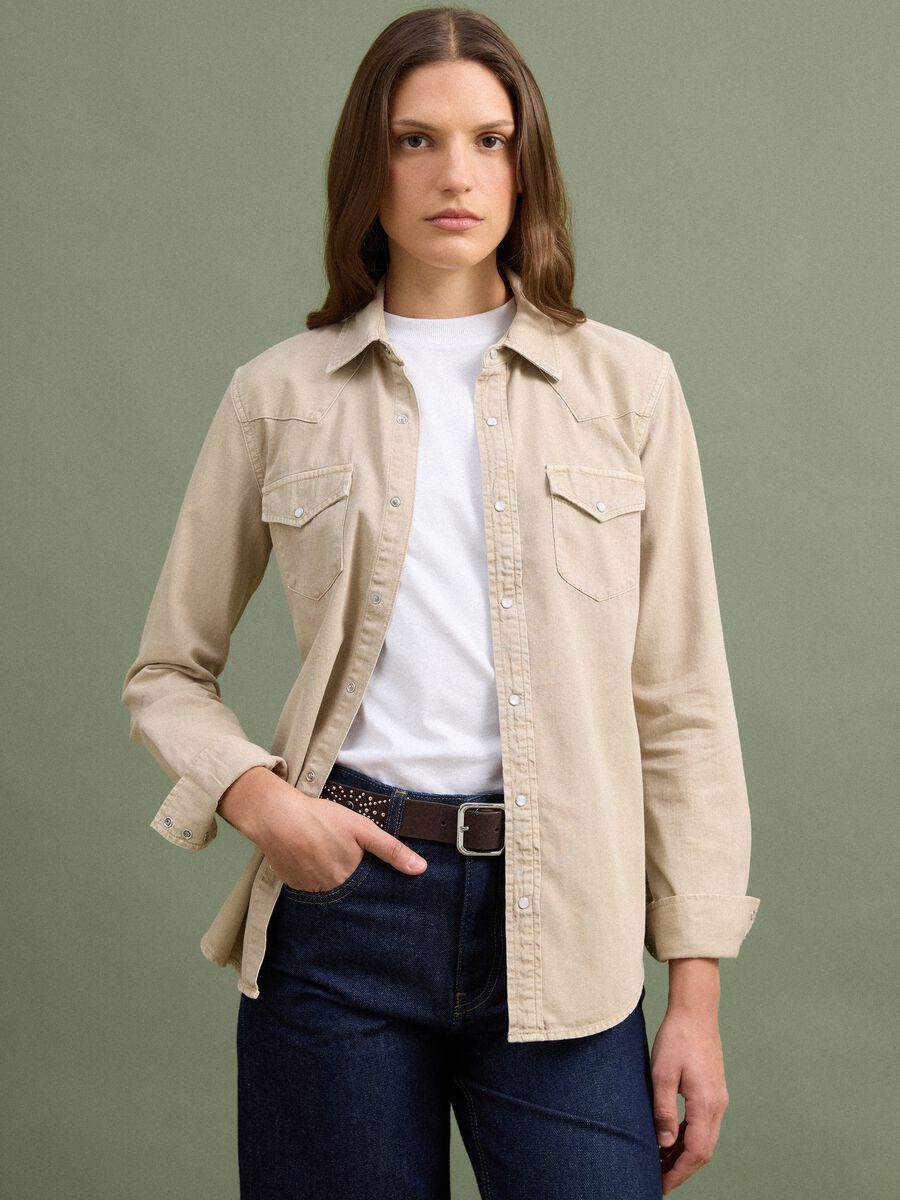 Beige pure cotton shirt with snap buttons, regular fit_1