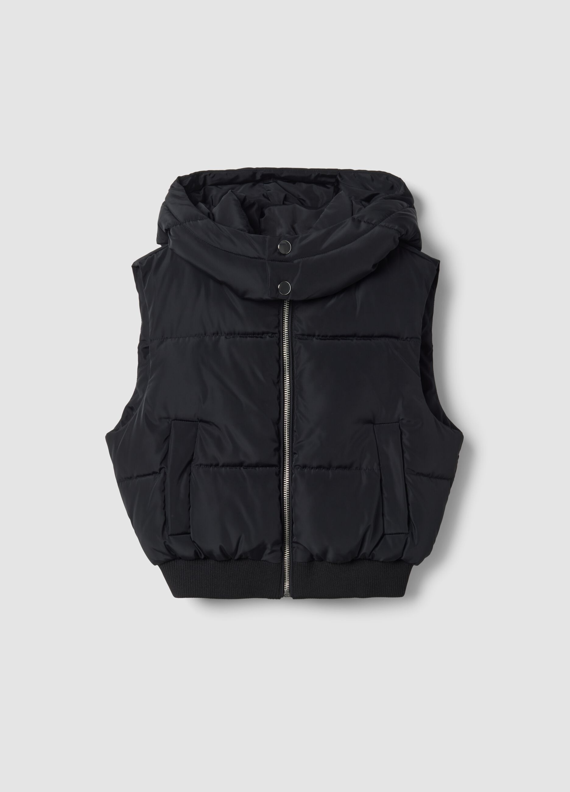 Black padded gilet with hood and zip