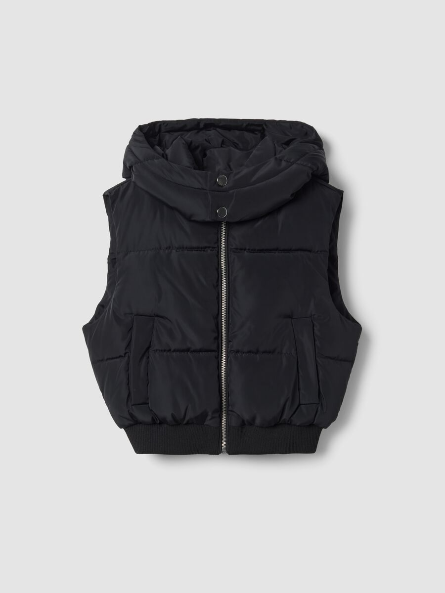 Black padded gilet with hood and zip_0