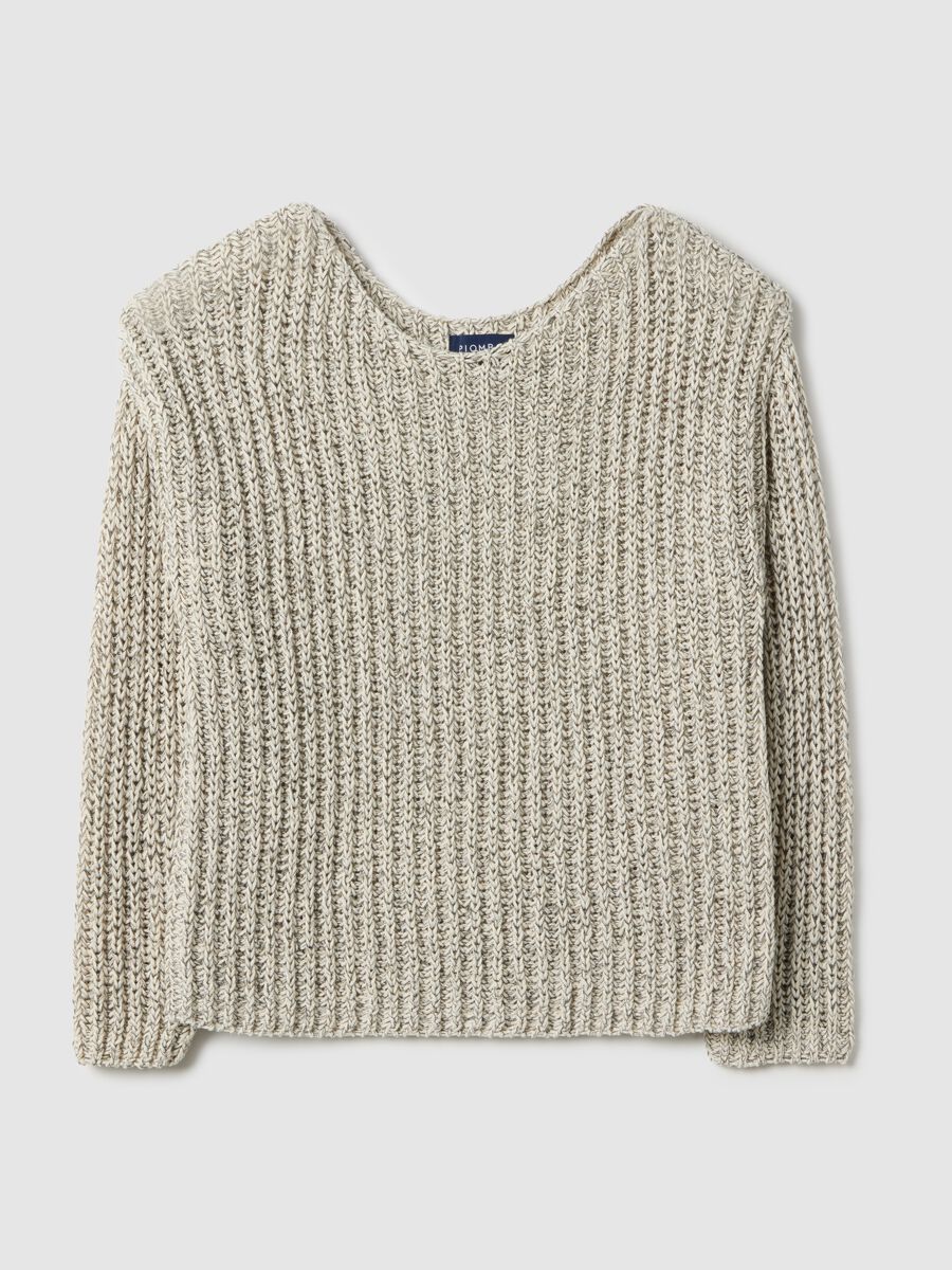 Maglione in misto cotone beige regular fit intrecciato con collo a barca_0