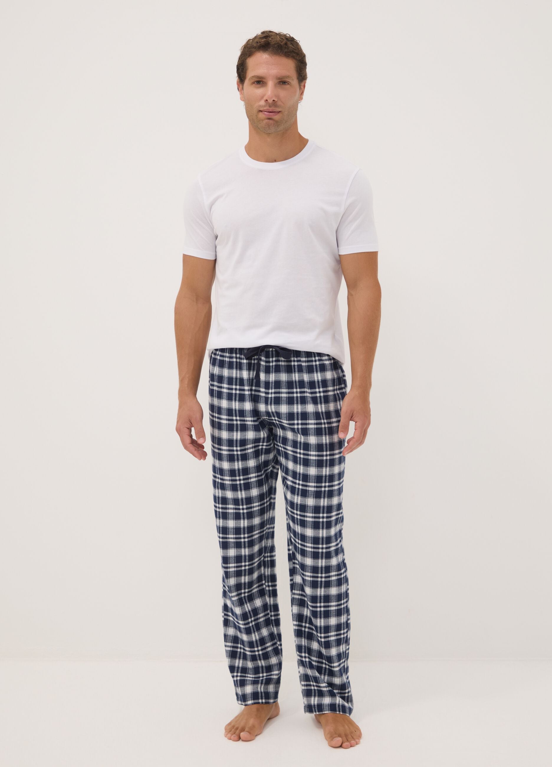 White and blue checked organic cotton flannel pyjama trousers