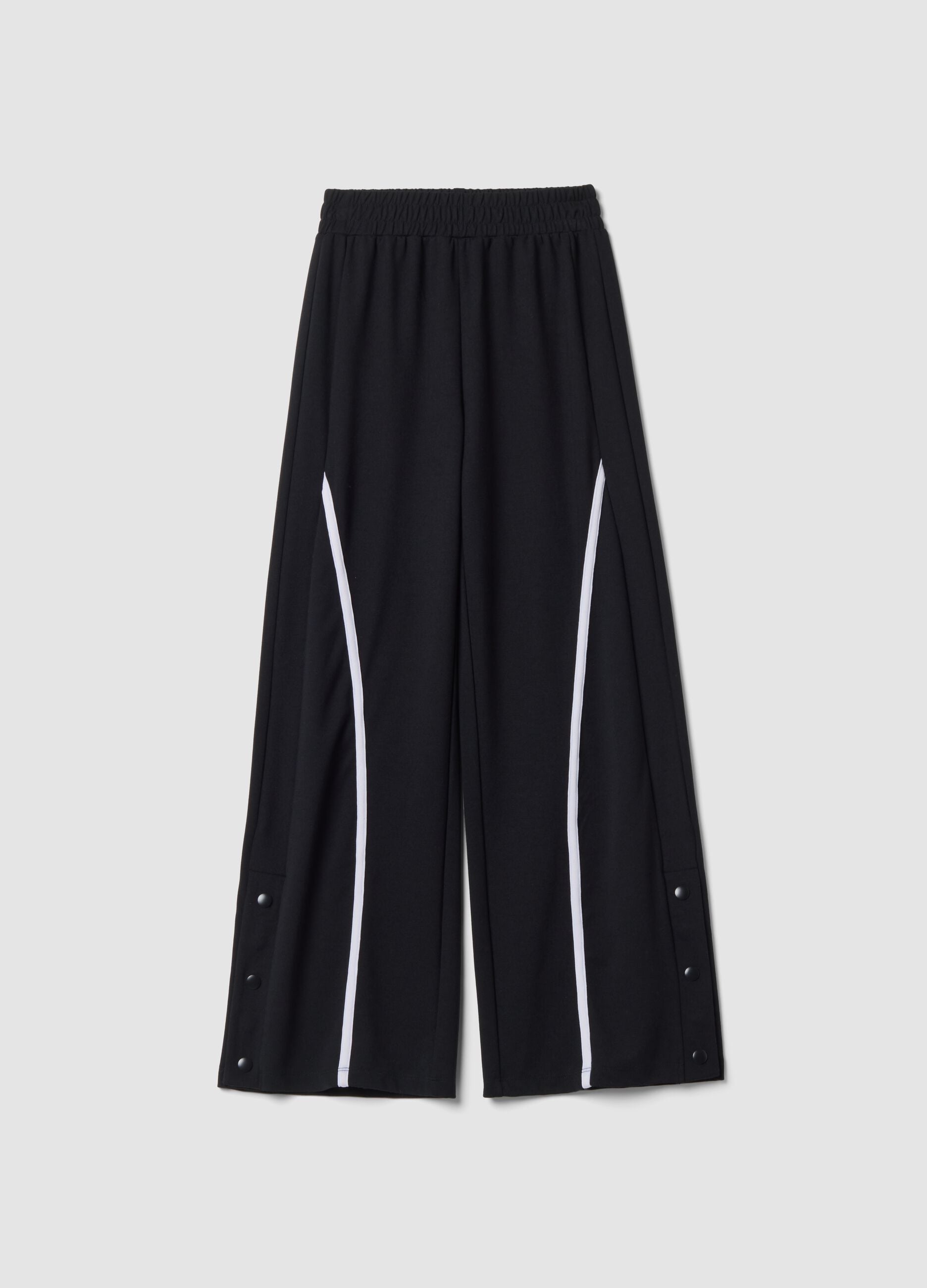 Pantaloni neri wide leg in viscosa elasticizzata con bande a contrasto