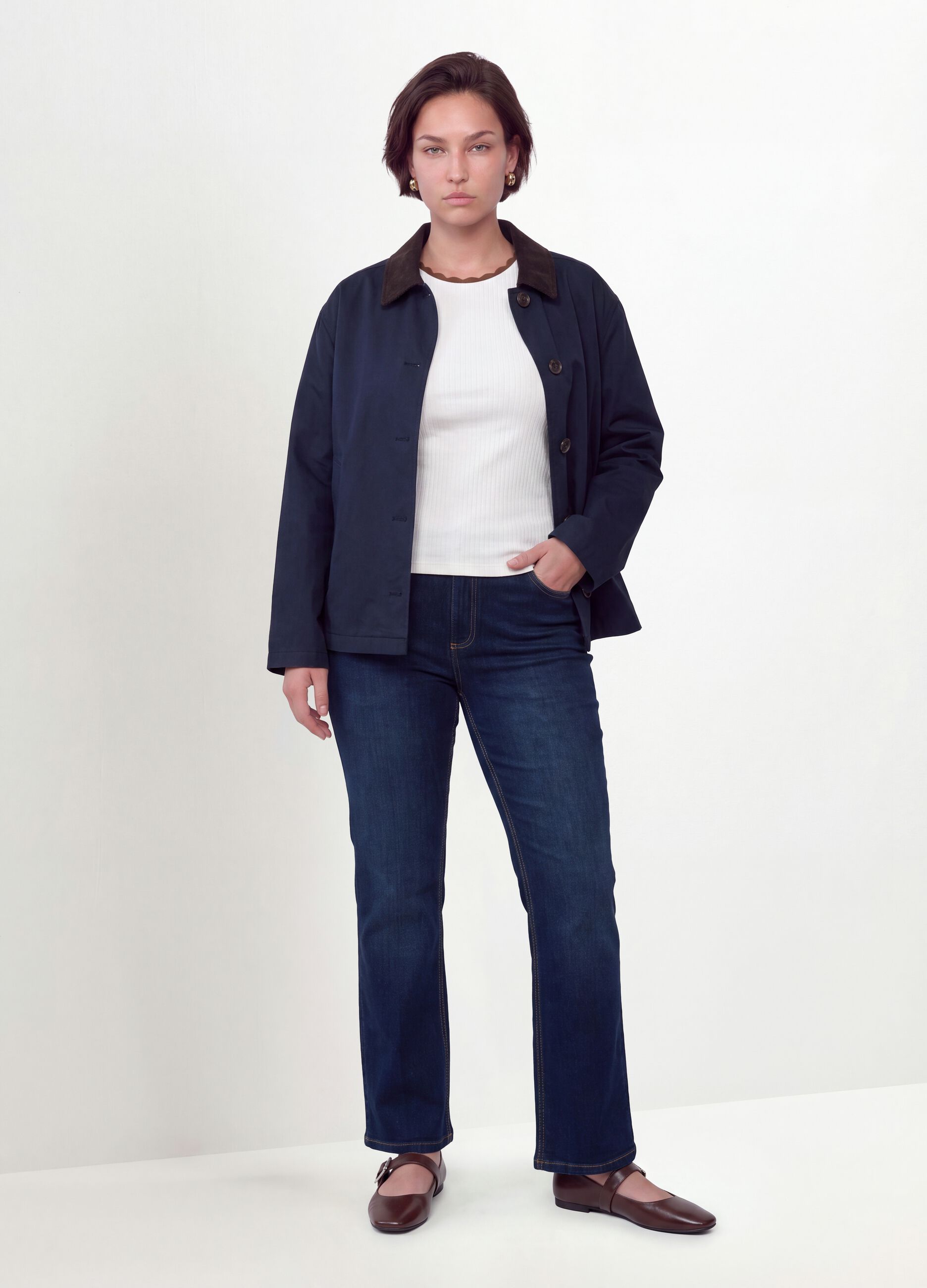 Blue pure cotton jacket with contrast collar, regular fit