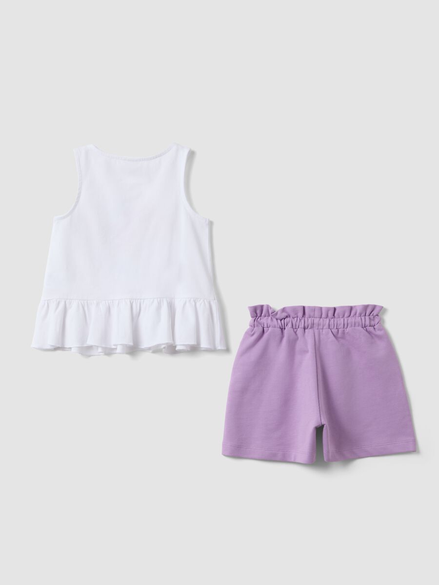 White and purple stretch cotton set with top and shorts_1